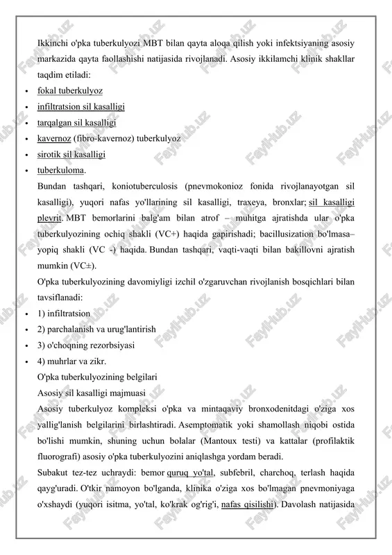 · kavernoz (fibro-kavernoz) tuberkulyoz · sirotik sil kasalligi · tuberkuloma. bundan tashqari, koniotuberculosis (pnevmokonioz fonida rivojlanayotgan sil kasalligi), yuqori nafas yo'llarining sil kasalligi, traxeya, bronxlar; sil kasalligi plevrit. mbt bemorlarini balg'am bilan atrof – muhitga ajratishda ular o'pka tuberkulyozining ochiq shakli (vc+) haqida gapirishadi; bacillusization bo'lmasa–yopiq shakli (vc -) haqida. bundan tashqari, vaqti-vaqti bilan bakillovni ajratish mumkin (vc±). o'pka tuberkulyozining davomiyligi izchil o'zgaruvchan rivojlanish bosqichlari bilan tavsiflanadi: · 1) infiltratsion · 2) parchalanish va urug'lantirish · 3) o'choqning rezorbsiyasi · 4) muhrlar va zikr. o'pka tuberkulyozining belgilari asosiy sil kasalligi majmuasi asosiy tuberkulyoz kompleksi o'pka va mintaqaviy bronxodenitdagi o'ziga xos yallig'lanish belgilarini birlashtiradi. asemptomatik yoki shamollash niqobi ostida bo'lishi mumkin, shuning uchun bolalar (mantoux testi) va kattalar (profilaktik fluorografi) asosiy o'pka tuberkulyozini aniqlashga yordam beradi. subakut tez-tez uchraydi: bemor quruq yo'tal, subfebril, charchoq, terlash haqida qayg'uradi. o'tkir namoyon bo'lganda, klinika o'ziga xos bo'lmagan pnevmoniyaga o'xshaydi (yuqori isitma, yo'tal, ko'krak og'rig'i, …