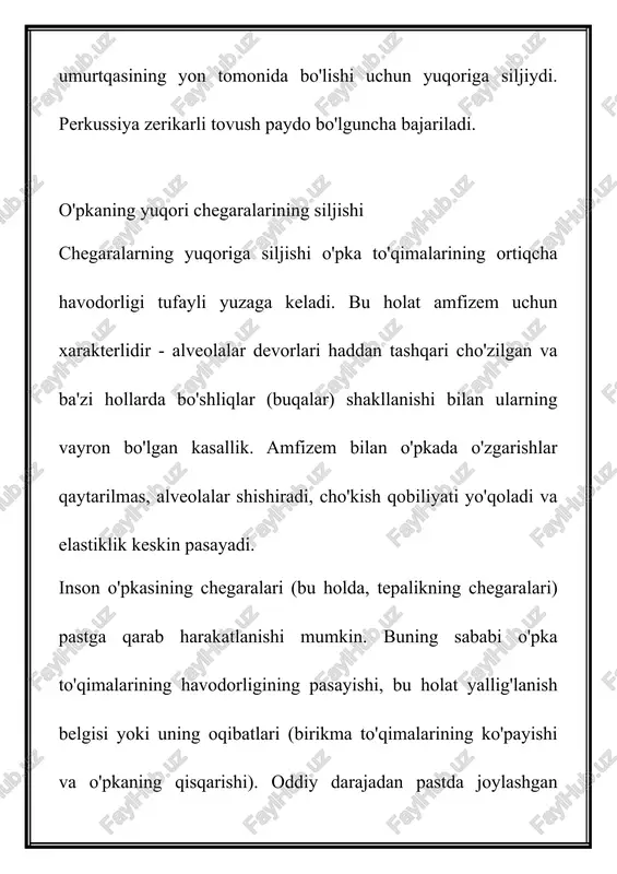 iya yon tomoniga chiziq 11 ko'krak umurtqasi 11 ko'krak umurtqasi yuqori o'pka chegaralarining joylashuvi yuqorida tavsiflangan. indikatorning jismoniy holatiga qarab o'zgarishi astenikada o'pka uzunlamasına yo'nalishda cho'ziladi, shuning uchun ular ko'pincha umumiy qabul qilingan me'yordan biroz pastga tushib, qovurg'alarda emas, balki interkostal bo'shliqlarda tugaydi. gipersteniklar uchun, aksincha, pastki chegaraning yuqori pozitsiyasi xarakterlidir. ularning o'pkalari keng va tekis shaklga ega. bolada o'pka chegaralari qanday joylashgan? to'g'ridan-to'g'ri aytganda, bolalardagi o'pkaning chegaralari deyarli kattalarnikiga to'g'ri keladi. hali maktabgacha yoshga etmagan bolalarda ushbu organning tepalari aniqlanmagan. keyinchalik ular old tomondan klavikulaning o'rtasidan 20-40 mm yuqorida, orqada - ettinchi servikal vertebra darajasida aniqlanadi. pastki chegaralarning joylashuvi quyidagi jadvalda ko'rsatilgan. o'pka chegaralari (jadval) mutahassislik yoshi 10 yoshgacha yoshi 10 yoshdan oshgan klavikulaning o'rtasidan o'tadigan chiziq o'ng: 6 qovurg'a o'ng: 6 qovurg'a qo'ltiqning markazidan kelib chiqadigan chiziq o'ng: 7-8 qovurg'a chapda: 9 qovurg'a o'ng: 8 qovurg'a chapda: 8 qovurg'a skapula burchagidan tushadigan chiziq o'ng: 9-10 qovurg'a chapda: 10 …