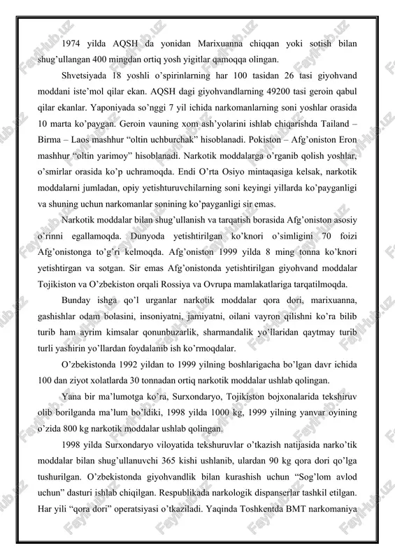 i, 1998 yilda 1000 kg, 1999 yilning yanvar oyining o’zida 800 kg narkotik moddalar ushlab qolingan. 1998 yilda surxondaryo viloyatida tekshuruvlar o’tkazish natijasida narko’tik moddalar bilan shug’ullanuvchi 365 kishi ushlanib, ulardan 90 kg qora dori qo’lga tushurilgan. o’zbekistonda giyohvandlik bilan kurashish uchun “sog’lom avlod uchun” dasturi ishlab chiqilgan. respublikada narkologik dispanserlar tashkil etilgan. har yili “qora dori” operatsiyasi o’tkaziladi. yaqinda toshkentda bmt narkomaniya programmasi yuzasidan vakolat xonasi ochildi. o’zbekistonda narkomaniyaning oldini olish haqida turli xil anjumanlar o’tkazilib turiladi. giyohvand moddalar ikki xil usulda olinadi: 1. turli o’simliklardan olinadigan preparatlar. 2. turli kimyoviy moddalardan sun’iy usulda olinadigan narkotik preparatlar. ko’knori, kanop va boshqa o’simliklar tarkibida narkotik moddalar saqlanadi. bangidevona o’simligi tarkibida ham kayf qildiruvchi narkotik modda saqlanadi. bundan tashqari tamaki tarkibida ham narkotik modda bor. ko’knori o’simligini nomi lotincha, “papaver somiferum” bo’lib bir yillik o’simlik. u 100 dan ortiq turi ma’lum bo’lib, o’zbekistonda 5 xil turi uchraydi. ko’knorning moyli, uxlatuvchi, opiyli …