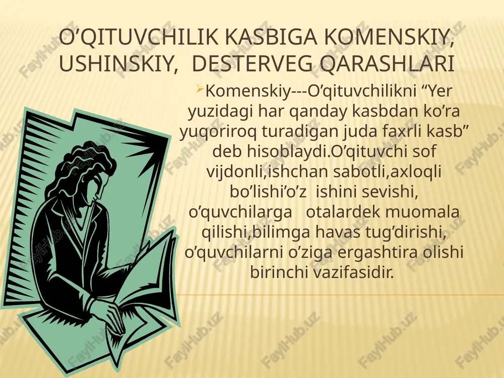 istilosidan so’ng masjidlar qurilib,uning yonida maktablar tashkil etilgan.maktabda qur’on karimni o’qish va arab tili muhim fan sifatida o’rgatilgan xiv-xv asrlarda temuriylar davrida ta’lim rivojlangan,ayniqsa ulug’bek davrida matematika,falakiyot,adabiyot,tarix fanlarga katta e’tibor berilgan.ulig’bek madrasasida o’qish muddatini 15-20 yildan 8 yilga tushiradi.xvii-xix asrlar xonliklar davrida madrasalarda 15 yil’madrasalar qoshidagi maktablarda 7 yil ta’lim berilgan.ayollar ta’limiga ham katta e’tibor berilgan. xix asr madrasalarida o`rta asrga oid diniy falsafa, musulmon huquqlari, arab tili grammatikasi, mantiq ilmlari o`qitilgan. uni tugatib imomlik qilish yoki qozixonada ishlash mumkin bo`lgan. maktab va madrasalarda dars o`zbek, arab,fors-tojik tillarida olib borilgan. ta’lim tizimi 5 toifaga bo’lingan quyi boshlang’ich diniy maktab qorixona doilxona madrasa maktab internat feruz farmoni bilan 1904 yil 10 noyabrda urganchda birinchi yangi usul maktab ochilgan.1906-07 yillarda qizlar maktabi ham tashkil qilinib, uning xotini komila kushayeva qizlarni o`qitgan maktab o`quv dasturi va rejasida- riyoziyot, tarix, geografiya, tabiat, rus tili, ona tili, islomshunoslik fanlarini o`qitish belgilanadi. toshkentda dastlabki rus maktabi …