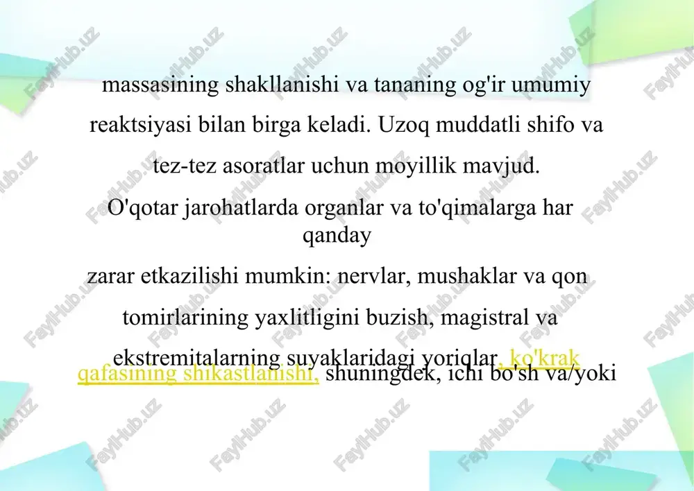 akkabliklar yuqori otashin yara qon yo'qotishi, zarba va turli turlari bilan murakkablashishi mumkin. xil gipoksiya travmatik ta'sirga javoban nafaqat mahalliy, balki yara kasalligi deb ataladigan umumiy o'zgarishlar ham mavjud. metabolizm, endokrin tizim, yurak-qon tomir tizimi va markaziy asab tizimining faoliyati buziladi. mikroorganizmlar va parchalanadigan to'qimalarning hayotiy faoliyati mahsulotlarini tanaga singdirish natijasida isitma rivojlanadi. yara kasalligi bir necha bosqichda davom etadi: himoya (safarbarlik), qarshilik va charchash. tashxis tashxis zarar tarixi va tashqi tekshiruv ma'lumotlari asosida amalga oshiriladi. organlar va to'qimalarga zarar yetkazishning tabiati va darajasini aniqlash uchun maxsus tadqiqotlar o'tkaziladi. agar asab, qon tomirlari va ichki organlarning yaxlitligini buzganlikda gumon qilingan bo'lsa, ko'krak qafasi rentgenografiyasi va boshqalar tegishli mutaxassislar bilan maslahatlashadi: neyroxirurg, qon tomir jarroh, qorin jarroh, urolog, ko'krak jarrohi. yurak urishi va qon bosimini nazoratqilish, shuningdek, qon yo'qotishlarini baholash va hipovolemik shokni o'z vaqtida aniqlash uchun takroriy qon testlarini bajarish kerak. otashin jarohatni davolash avvalo, qon ketishni to'xtatish kerak. kichkina …
