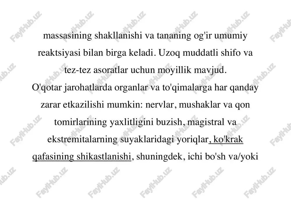 nchalik kontuziya zonasining nekrotik to'qimalari shikastlanish vaqtida yaraga tushgan https://www.krasotaimedicina.ru/diseases/traumatology/bone-fracture mikroblarning faol ko'payishi uchun asos bo'lib xizmat qiladi. kommotsiya hududida qon aylanishi buzilishi mavjud. dastlab, kichik tomirlar spazmiruyutsya, keyin kengayadi, staz hodisalari paydo bo'ladi. to'qimalar etarli kislorod va ozuqa moddalarini olmaydilar, bu esa ikkinchi darajali nekroz markazlarining shakllanishiga olib keladi. turli xil otashin yaralari atrofida chayqalish zonasining o'lchamlari farq qilishi mumkin. bundan tashqari, bir yara kanali atrofida to'qimalarga zarar yetkazilmagan. (masalan, bemor egilgan oyog'iga jarohat olgan, va keyin uni to'g'rilab) tananing o'rnini o'zgartirish bilan birga nekrotik o'choqlari bosqichma-bosqich notekis shakllantirish izolyatsiya qilingan zararlangan bo'shliqlar va yiringli oqishi shakllantirish yuqori ehtimoli sabab bo'ladi. murakkabliklar otashin yara qon yo'qotishi, zarba va turli xil gipoksiya turlari bilan murakkablashishi mumkin. travmatik ta'sirga javoban nafaqat mahalliy, balki yara kasalligi deb ataladigan umumiy o'zgarishlar ham mavjud. metabolizm, endokrin tizim, yurak-qon tomir tizimi va markaziy asab tizimining faoliyati buziladi. mikroorganizmlar va parchalanadigan to'qimalarning hayotiy faoliyati mahsulotlarini tanaga …
