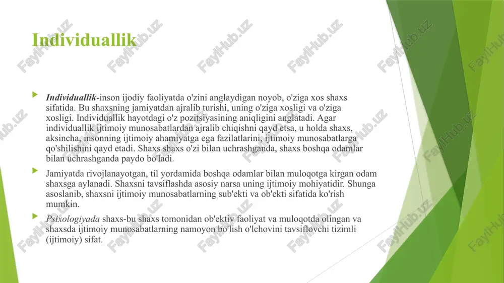 ik determinant shaxsning butun hayoti davomida ishlaydi (chunki. rivojlanish hayot davomida sodir bo'ladi), ammo turli davrlarda uning roli boshqacha. biroq, biologik, insonning shaxsiyatiga kirib, ijtimoiy bo'ladi (miya patologiyasi, individual biologik shartli tabiiy xususiyatlar, jamiyatda shaxsiy xususiyatlarga aylanadi). o'z – o'zini anglash, "men-kontseptsiya", "men"tasviri. insonning o'ziga bo'lgan qiziqishi uzoq vaqtdan beri alohida e'tibor mavzusi bo'lib kelgan. boshqa odamlar bilan o'zaro aloqada bo'lish va muloqot qilish orqali odam o'zini jismoniy va ruhiy holatlar, harakatlar va jarayonlarning sub'ekti sifatida his qiladi, o'zi uchun "men" kabi harakat qiladi, "boshqalar" ga qarshi turadi va ular bilan uzviy bog'liqdir. o'z-o'zini anglash-bu shaxs o'zini faoliyat sub'ekti sifatida anglaydigan va o'zi haqidagi g'oyalari ma'lum bir "men"obraziga aylanadigan aqliy jarayonlar majmui. "men"tasviri 3 komponentni o'z ichiga oladi: ) kognitiv (kognitiv) - o'zingizni bilish; 2) hissiy (ularning fazilatlarini baholash); 3) xulq-atvor (o'ziga nisbatan amaliy munosabat). "men" tasviri dinamik ta'limdir va "men"holatiga qarab bir-birini almashtiradigan ko'plab tasvirlarni o'z ichiga oladi: ~ …
