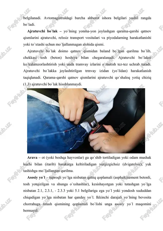 larini (umumiy foydalanishdagi va idoraviy avtomobil yo`llarini) shaharlar, shaharchalar va qishloq aholi yashash joylarining ko`chalari va yo`lkalarini, shuningdek, shahar elektr transporti yo`llarini oladi. yo`l bering – yo`l harakati qatnashchisiga nisbatan imtiyozi bo`lgan boshqa yo`l harakati qatnashchilarining harakat yo`nalishini yoki tezligini o`zgartirishga majbur etishi mumkin bo`lgan hollarda harakatni davom ettirmasligini yoki boshlamasligini, biror bir manyovr bajarishi mumkin emasligini bildiruvchi talab. haydovchi yo`l berishi uchun o`zi boshqarayotgan transport vositasini sekinlatishi yoki to`liq to`xtatishi lozim. yo`lovchi – transport vositasidagi (haydovchidan tashqari) shaxs. yo`l - transport xodisasi – transport vositasining yo`ldagi qatnov jarayonida sodir bo`lib, odamlarning o`limi yoki ularning sog`lig`iga zarar etishiga, transport vositalari, inshootlar, yuklar shikastlanishiga yoki boshqa tarzda moddiy zarar etkazilishiga sabab bo`ladigan hodisa. maxsus transport vositalarining (avtogidroko`targich, avtokran kabilar) ishchi holatida sodir bo`lgan hodisa yo`lning transport hodisasi hisoblanmaydi, balki texnikxavfsizlikka rioya qilmaslik hisoblanadi. yo`l harakati – odamlar va yuklarning transport vositalari yordamida yoki bunday vositalarsiz yo`llarda harakatlanishi jarayonida yuzaga keluvchi munosabatlar …