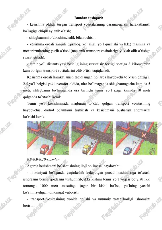 lishi uchun mo`ljallangan bo`lib, undagi harakatlanish ko`cha va maydonlardagi harakatlanishdan katta farq qiladi. ko`pchilik holatlarda turarjoy dahalarida piyodalar uchun alohida trotuar bo`lmasdan, ularning harakatlanishi qatnov qismi bo`ylab belgilangan (piyoda va transport vositalariga yagona yo`lka). transport vositasining turarjoy dahasidagi yo`lkalardan tranzit harakatlanishi ko`zda tutilmagan, balki bu yo`lkalar istiqomat joyi bilan shahar ko`chalarini bog`lash uchun xizmat qiladi. turarjoy dahalarida istiqomat qiluvchilar ko`p harakatlanishi va har qadamda muyulishlardan bolalarning yugurib chiqib qolishlari mumkinligini hisobga olib, haydovchi xavfsizlikni ta`minlaydigan tezlik bilan harakatlanishi (yhq. 12.1) hamda piyodalarga imtiyoz (yhq. 19.1) berishi lozim. to`xtash va to`xtab turish uchun piyodalar transport vositalarining harakatlanishiga xalaqit bermaydigan joyni tanlashi kerak (yhq- 14.4). atrof-muhitni ishlab bo`lgan gazlar bilan bulg`atmaslik, istiqomat qiluvchilarga ziyon yetkazmaslik uchun to`xtab turganida avtomobil yurgizgichini ishdan to`xtatib, o`chirib qo`yish kerak. qatnov qismining kengligi yetarli darajada bo`lmagani sababli to`la vazni 3,5 tonnadan ortiq bo`lgan yuk avtomobillari to`xtab turganida, o`z gabarit o`lchamlari bilan yo`lni piyoda va boshqa transport vositalaridan …