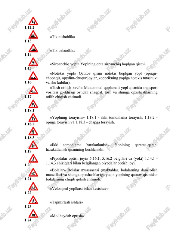 erak. 2.6 «roppara harakatlanishning ustunligi» qarama-qarshi harakatnalishni qiyinlashtiradigan hollarda yoplning tor qismiga kirish taqiqlanadi. haydovchi yoplning tor qismida boplgan yoki ropparadan harakatlanayotgan transport vositasiga yopl berishi kerak. 2.7 «ropparadagi harakatlanishga nisbatan imtiyoz» yoplning tor qismida harakatlanmoqchi boplgan haydovchi ropparadan kelayotgan transport vositasidan oldin optish huquqiga ega. taqiqlovchi belgilar taqiqlovchi belgilar – yo`l harakatiga ma`lum cheklanishlar kiritish yoki ularni bekor qilish uchun qo`llaniladi. taqiqlovchi belgilar 31 ta bo`lib, ularning asosiy qismining ko`rinishi doira shaklida bo`lib, xoshiyasi qizil, foni oq va tasviri qora va qizil ranglarda berilgan bo`ladi. 3.1-3.3, 3.18.1, 3.18.2, 3.19, 3.27 belgilarining belgilangan yo`nalishli transport vositalariga, 3.2-3.8 belgilari ta`sir oralig`ida yashovchi yoki ishlovchi fuqarolarga tegishli yoxud ularga va korxonalarga xizmat qiluvchi transport vositalariga daxli yo`q. bunday hollarda transport vositalari belgilangan joyga yaqin chorrahadan kirib yoki chiqib ketishlari kerak. ushbu qoidalarning 28.3 bandiga binoan “nogiron” taniqli belgisi bilan belgilangan avtomobillar va kajavali mototsikllarni boshqarayotgan nogiron haydovchilar 3.2, 3.3 va 3.28 belgilari …