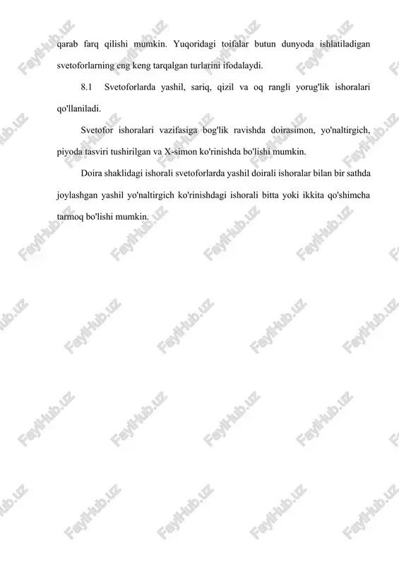a orqali harakatlanishiga ruxsat beradi. ko'rinish chegarasida yaqinlashib kelayotgan poezd (lokomotiv, drezina) bo'lmasa, o'chirilgan miltillovchi oq va qizil ishoralarda ham harakatlanishga ruxsat beriladi. 8.9 tartibga soluvchining ishoralari quyidagi ma'noni bildiradi: qo'llari yon tomonga uzatilganda yoki tushirilganda, chap va o'ng yon tomonidan tramvayga to'g'riga, rel'ssiz transport vositalariga to'g'riga va o'ngga harakatlanishga, piyodalarga qatnov qismini kesib o'tishga ruxsat beriladi. oldi va orqa tomonidan barcha transport vositalari va piyodalarning harakatlanishi taqiqlanadi; o'ng qo'li oldinga uzatilganda, chap yonidan tramvayga chapga, rel'ssiz transport vositalariga barcha yo'nalishlarda, oldi tomonidan barcha transport vositalariga faqat o'ngga harakatlanishga ruxsat beriladi. orqa tomonidan va o'ng yonidan barcha transport vositalarining harakatlanishi taqiqlanadi. piyodalarga tartibga soluvchining orqa tomonidan qatnov qismini kesib o'tishga ruxsat etiladi; qo'lini yuqoriga ko'targanda, qoidalarning 8.13 bandida ko'rsatilganidan boshqa hollarda transport vositalari va piyodalarning barcha yo'nalishlarda harakatlanishi taqiqlanadi. tartibga soluvchi haydovchi va piyodalarga tushunarli bo'lgan boshqa ishoralarni ham berishi mumkin. ishoralar yaxshi ko'rinishi uchun tartibga soluvchi zhezl yoki yorug'lik …