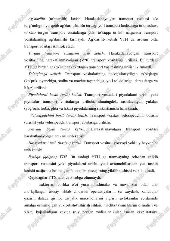 monidan 1996 yil chiqarilgan yo`l harakati xavfsizligi ma’lumotnomasiga ko`ra, 2000 yil butun dunyo bo`yicha bir millionga yaqin insonlar yth da halok bo`lishi bashorat qilingan edi. shuni aytish lozimki, 1991 yilda (1) yth da 500.000 kishi halok bo`lgan, bu esa 10 yil ichida falokatlar soni 2 barobar o`sganini ko`rsatadi. xuddi shunday 1981 yil ichida yer yuzasida 250.000 inson yth natijasida halok bo`lgani ma’lum. yth statistik ma’lumotlarining tahlili shuni ko`rsatadiki, oxirgi yil davomida ularning miqdori 4 martaga yaqin oshgan. o`zbekiston respublikasi avtomobil yo`llarida sodir etilgan yth ni 1981-2001 yillardagi tahlili jahon miqyosidagi yth ning o`z miqyosidagi yth ni o`zgarishiga farqli ravishda oxirgi 10 yil ichida yildan-yilga yth soni kamayishi qayd etilgan va 1991 yil 18272 tani tashkil etgan bo`lsa, 2000 yilga kelib bu ko`rsatkich 10941 tadan iborat bo`ldi, ya’ni yth 1,67 barobar kamayganini ko`rsatadi. avtomobillashtirish rivojlangan davlatlarda yth oxirgi 7 yil (19931999 yillar) ichidagi o`zgarish ko`rsatkichlari (2). jadvaldagi ko`rsatkichlardan ko`rinadiki, aqsh, italiya, …