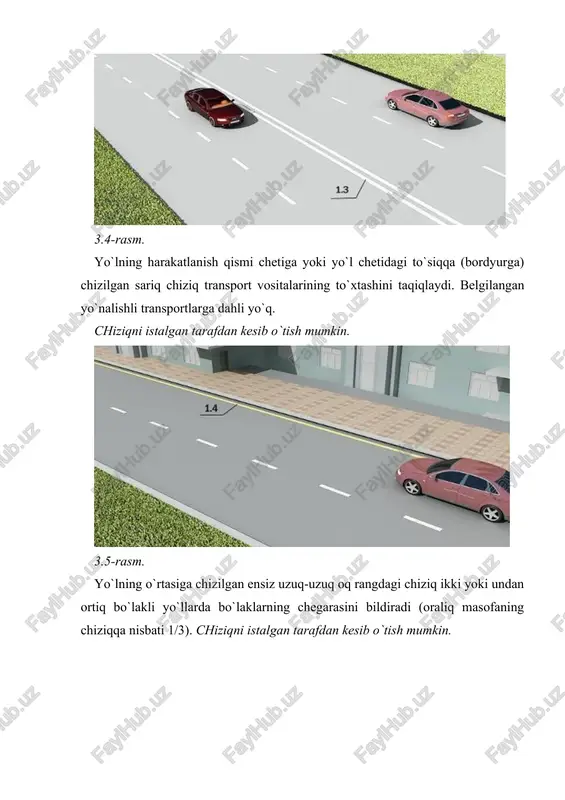 iq umumfoydalanadigan transport vositalari hamda taksilariing to`xtab turish bekatlarini bildiradi. 3.17-rasm yo`nalishni belgilovchi chiziqlar. yo`l belgi chizig`i chorrahada va kesishmalar oldida bo`laklar bo`yi qatnov qismining yuzasiga chizilgan yo`naltirgich, mustaqil ravishda yoki “bo`laklar bo`yicha harakatlanishning yo`nalishi” (5.8.1-5.8.2) axborot-ishora belgilari bilan birgalikda qo`llanib, transport vositalariga bo`laklar bo`yicha ruhsat etilgan yo`nalishni ko`rsatadi. 3.18-rasm yo`l belgi chizig`i 45° burchak ostida chizilgan yo`naltirgich, yo`l qismining tor joyiga yaqinlashganlik xaqida ogoxlantirib, aloxida yoki “yo`lning torayishi” (1.18.1-1.18.3) belgilari bilan birga qo`llaniladi. 3.19-rasm yo`l belgi chizig`i ko`ndalang 1.13 yo`l belgi chizig`iga yaqinlashashni belgilaydi. 3.20-rasm 1.21 yo`l belgi chizig`i to`xtash ko`ndalang 1.12 yo`l belgi chizig`i joyi oldida 2.5 yo`l belgisi bilan birgalikda belgilanadi. foydalanilgan adabiyotlar: 1. i.a. karimov, jahon moliyaviy inqirozi o`zbekiston sharoitida uni bartaraf etish yo`llari va choralari. toshkent. “o`zbekiston” – 2009 y. – 56 bet. 2. “yo`l harakati qoidalari”. toshkent – 2001 y. 3. “yo`l belgilari va yo`l chiziqlari”. toshkent – 2001 y. 4. q. x. azizov. …
