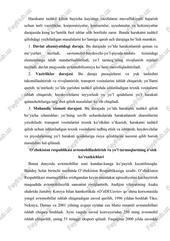 billari ishlab chiqara boshladi. ayni vaqtda zavod konveyeridan 250 ming avtomobil ishlab chiqarildi, uning 51 minggi eksport qilindi. faqatgina 2000 yilda zavodda 30,7 ming dona avtomobil ishlab chiqarildi. shuningdek, 1999 yil avgust oyila samarqand shahrida turkiya respublikasi bilan hamkorlikda «samkochavto» zavodida kichik hajmli avtobus va yuk avtomobillarini ishlab chiqarish yo’lga qo’yildi. shunday qilib o’zbekiston respublikasi dunyoga avtomobil ishlab chiqaradigan zavodga ega bo’lgan 26 davlat bo’lib kirdi. akademik o.v.lebedev ma’lumotiga ko’ra o’zbekistondagi avtomobil zavodlaridan 2007 yilga kelib yiliga 350.000 avtomobil ishlab chiqarilib, undan 23 qismi eksport qilinadi. umuman o’zbekiston respublikasida 1996 yildan boshlab xususiy sektorda avtomobil transportining soni yildan-yilga ortib bormoqda va bu o’sish ko’rsatkichi keyingi olti yil ichida o’rtacha 5% tashkil etdi (12.1-jadval). 12.1-jadval yillar 1996 1997 1998 1999 2000 2001 xususiy sektordagi avtomobillar soni 808736 865700 926670 969890 1014420 1038335 avtomobillashtirish jamiyatning iqtisodiy yuksalishiga ijobiy ta’sir qilish bilan birga, qator salbiy oqibatlarni ham keltirib chiqarmoqdaki, ularni hal qilish muhim …