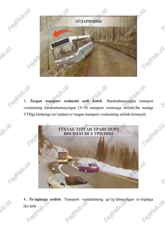 , 1981 yilda esa 250.000 inson haloq bo‘lgan.demak, 10 yil ichida falokatlar soni 2 barobarga o‘sgan. yth statistik ma’lumotlarining tahlili shuni ko‘rsatdiki, oxirgi yigirma yil davomida ularning miqdori 4 martaga yaqin oshgan. o‘zbekiston respublikasi avtomobil yo‘llarida 1981-2001 yillarda sodir etilgan yth (3.1-rasm) jahon miqyosidagi ko‘rsatkichlarga nisbatan oxirgi 10 yil ichida kamaydi. masalan, 1991 yil 18272 bo‘lsa, 2000 yilga kelib 10941 ta sodir bo‘ldi, ya’ni 1,67 barobar kamaydi. avtomobillashtirish rivojlangan davlatlardayth oxirgi 7 yil(19931999 yillar) ichidagi o‘zgarish ko‘rsatkichlari quyidagi 3.1-jadvalda keltirilgan [8]. jadvaldagi ko‘rsatkichlardan ko‘rinadiki, aqsh, italiya, polqsha, turkiya va portugaliya davlatlaridan tashqari barcha davlatlarda yth umumiy sonining kamayishi kuzatiladi va bunda o‘zbekiston respublikasida 1993 yilga nisbatan 1999 yildagi ko‘rsatkich 12,8 % ga pasaygan. lekin o‘zbekiston uchun mustaqillikka erishgandan keyingi 1992 yildan 2001 yilgacha bo‘lgan yth umumiy sonining kamayishi 27,7 % tashkil etadi, bu ko‘rsatkich avtomobillashtirish yuqori bo‘lgan davlatlar erishgan yutuqlarning eng yuqorilardan biridir. ( 3 1 2 ) foydalanilgan adabiyotlar. …