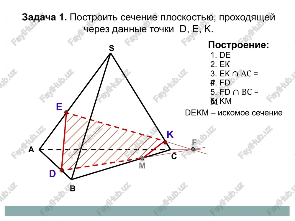 e 3. me ∩ vs = f f 4. tf 5. tf ∩ v1v = k k 6. mk ∩ aa1= l l 7. lf kommentarii: dannie tochki prinadlejat raznim granyam! nazad a d v1 v s a1 c1 d1 zadacha 4. postroit sechenie ploskostyu, proxodyashey cherez tochki n, m, t. n t m postroenie: 1. nt 2. nt ∩ ds = e e 3. me ∩ vs = f f 4. tf 5. tf ∩ v1v = k k 6. mk ∩ aa1= l l 7. ln ntfml – iskomoe sechenie a v s s zadacha 5. postroit sechenie ploskostyu, proxodyashey cherez dannie tochki k, m, r, r∈avs k m r postroenie: a v s s zadacha 5. postroit sechenie ploskostyu, proxodyashey cherez dannie tochki k, m, r, r∈avs k m r e n f postroenie: 1. km 2. km ∩ sa = e 3. er 4. er ∩ …