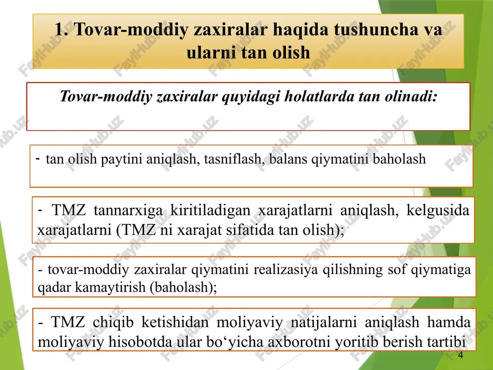 hisobini tashkil qilishda ularning tarkibi, holati, harakati, miqdori, xarid qilinishi, qayta baholash tartibi va hokazolarga e'tibor qaratish lozim. hisob ma'lumotlari mahsulot tannarxini pasaytirish imkoniyatlarini qidirib topish, moddiy qiymatliklardan tejamli foydalanish, xarajat me'yorlarini kamaytirish, ularni tegishli holatda saqlash va ularning butligini ta'minlash to‘g‘risidagi axborotlardan iborat bo‘lishi lozim. 17 3. tovar-moddiy zaxiralar hisobini tashkil etish va yuritish tartibi zarur hollarda (ishlatiladigan materiallarning nomenklaturasi katta bo‘lganda, korxona ichida materiallarning harakati intensiv bo‘lganda, qishloq xo‘jaligida ishlab chiqarishida va boshqalarda) materiallar hisobi hisob bahosi bo‘yicha yuritilishi mumkin. hisob bahosi sifatida reja tannarxi, o‘rtacha sotib olish narxlari, ulgurji va boshqalar qabul qilinadi. materiallarni hisob bahosi bo‘yicha hisobga olishda, har oy, haqiqiy tannarxi ko‘rsatilgan bahosining qiymatidan farqlanish summasi va foizlari hisoblab chiqiladi. farqlar 1610 "materiallar qiymatidagi farqlar" schyotida hisobga olinadi. materiallar hisobda ikkita bahoning eng pasti bo‘yicha materiallarni hisobga oluvchi schyotlarda - haqiqiy tannarxi (sotib olish bahosi yoki ishlab chiqarish tannarxi) bo‘yicha yoki bozor bahosi (sotishning sof …