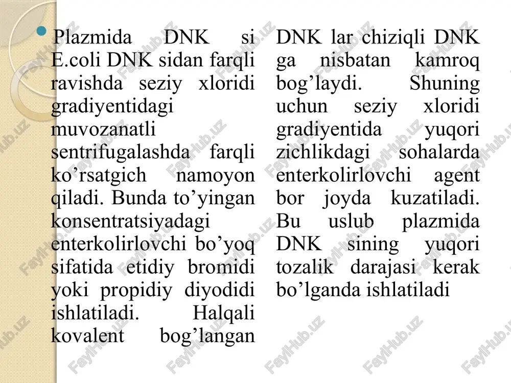 a o’zgarishsiz avvalgi holatida qoladi. endi plazmid dnkni sentrifuga qilib, ajratib olish mumkin. image2.jpeg nlonhaa ounuctkka alhk cg ge) am3uc fe knetok is u pa3pywehhbie ketku - ocaaok occtatkob hk, 6enku, k/ieetok “amnuabi hk 6 pactbope ocakgehne 6enkos 6enkn u aunugpl ocakaehue qhk cnuptom /docprops/thumbnail.jpeg dnk ni ajratish