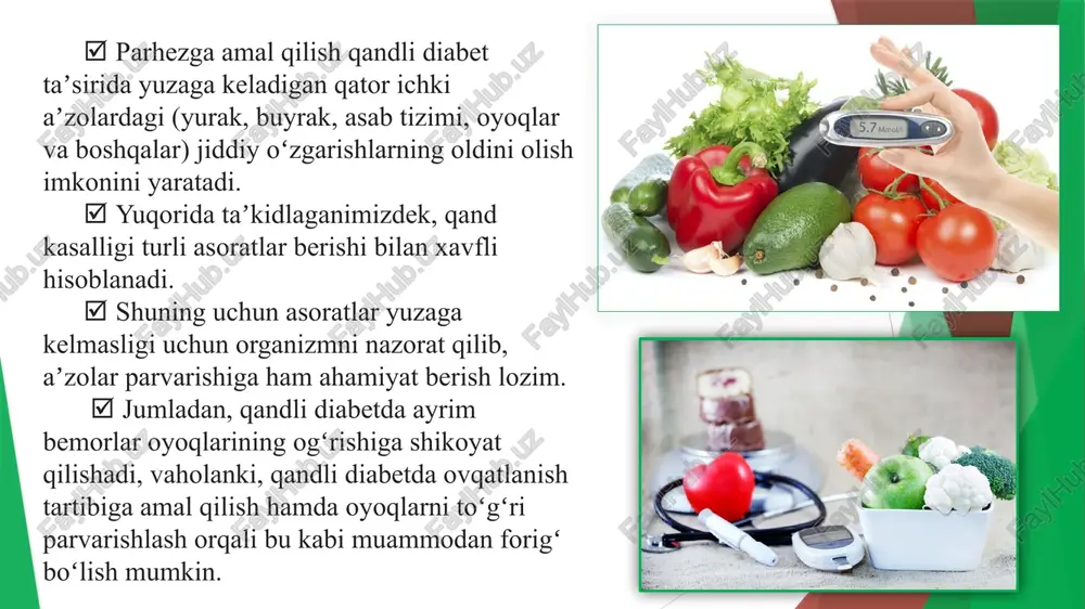 va ichish mumkinmi yoki yoʻqmi degan savol qiziqtiradi. mavjud adabiyotlarda bu savolga qarama — qarshi fikrlar bildirilgan boʻlsa ham qahva adrenalin sintezini kuchaytirib, qonda qand miqdorini oshirishi isbotlangan. shu sababli undan foydalanmaslik maqsadga muvofiq. qandli diabetga chalingan bemorlar ovqatlanishda quyidagi tamoyillarga amal qilish lozim:  kunda kamida 3 marta qandli diabet taomnomasi asosida ovqatlanish;  hech qachon oʻzni och qolish darajasiga olib bormaslik;  kaloriyasi nisbatan yuqori boʻlgan taomlarni kunning birinchi yarmida isteʼmol qilish;  ovqatlanish orasida biror narsa tamaddi qilishga odatlanmaslik;  qorin och qolmagan boʻlsa, shunchaki birovga hamroh boʻlib yoki kayfiyatni koʻtarish uchun taom isteʼmol qilmaslik;  ovqatlanish vaqtida kitob oʻqimaslik yoki televizor koʻrmaslik;  toʻyganlikni his qilganda, kosa yoki laganda ovqat qolsa ham uni isteʼmol qilishni toʻxtatish;  masalliqlarni xarid qilishda ularni kaloriyasi va yogʻiga eʼtibor berish. e’tiboringiz uchun rahmat! image1.jpeg image2.png image3.jpeg image4.png image5.png image6.png image7.png image8.png ¥ paspewennbie npopyktei: fan od wo rpv6p1 maco pbi6a …