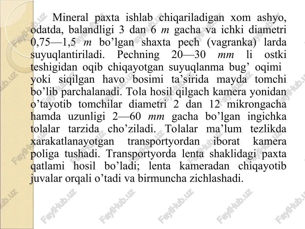 k maxsus shamlar (gorelka) da to suyuqlangunga qadar qizdiriladi. bunda shisha tomchisi pastga tomayotib o’zi bilan ingichka shisha tolasini ham sudraydi va uni aylanayotgan barabanga o’raydi. titilgan holatdagi shisha paxtasining zichligi ko’pi bilan 130 kg/m3, issiqlik o’tkazuvchanlik koeffitsienti ko’pi bilan 0,041vt/m°s. shisha paxtasining tolasi, mineral .paxta tolasiga nisbatan ancha uzun. shisha paxta ximiyaviy turg’unligining yuqoriligi hamda issiqlik o’tkazuvchanligining kichikligi bilan ajralib turadi. shisha taxtali to’shaklarning isiqlik o’tkazuvchanligi ortig’i bilan 0,04—0,005 vt/m°s. to’shaklar uzunligi 1000—3000, eni 200—700 va qalinli-gi 10—50 mm qilib chiqariladi. polosalarning uzunligi 500—5000, eni 30—250, qalinligi 10—50 mm. diametri 108 mm bo’lgan truboprovodlarni va apparatlarni izolyatsiyalash uchun to’shaklardan, polosalardan esa diametri 108 mm gacha bo’lgan truboprovodlarni izolyatsiyalash uchun foydalaniladi. truboprovodlar to’shaklar bilan ikki yoki bir qatlamli qilib bajariladi. xar bir qatlam 100—250 mm oraliqda bandaj halqalari vositasida maxkamlanadi (buyumning kengligiga qarab). sintetik bog’lovchi asosida shisha tolasidan qilingan yarim bikr plitalar bitta yoki ikkala tomondan shisha mato, alyuminiy fol’ga …