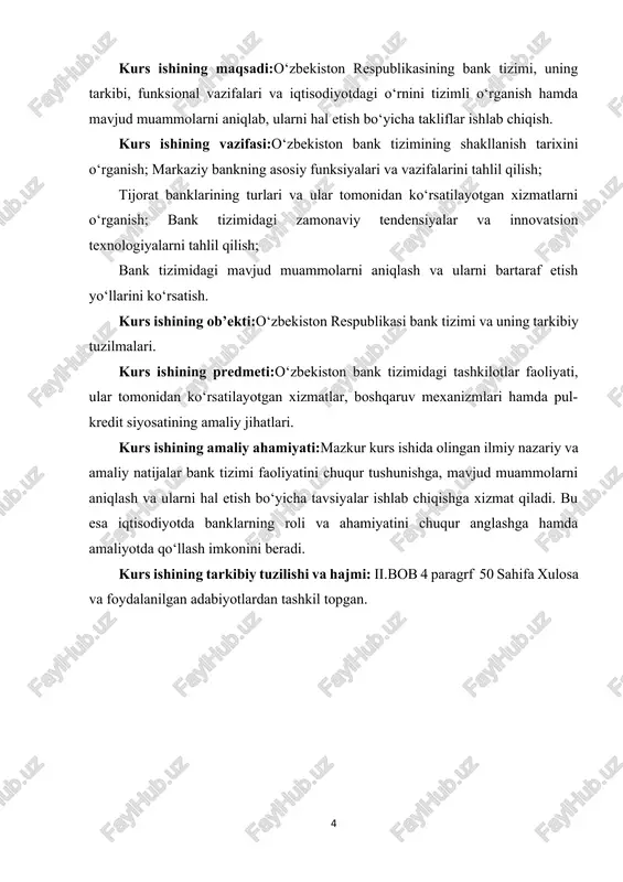 banklarning ustav kapitalini oshirish va ularning moliyaviy barqarorligini mustahkamlashga qaratilgan siyosat olib borildi. 2011–2016 yillar – iqtisodiyotni diversifikatsiyalash va bank sektorining moslashuvi. bu davrda kichik biznes va xususiy tadbirkorlikni kreditlash hajmi oshdi, zamonaviy bank xizmatlari kengaytirildi. shuningdek, bank tizimi real sektor bilan integratsiyalashdi. 2017-yildan hozirgi kungacha – raqamli transformatsiya va ochiqlik siyosati. so‘nggi yillarda prezident shavkat mirziyoyev rahbarligida bank tizimida ochiqlik, raqobatbardoshlik va xalqaro andozalarga moslashishga alohida e’tibor qaratilmoqda. banklar soni oshdi, xorijiy kapital ishtiroki kuchaydi, fintech kompaniyalar bilan hamkorlik yo‘lga qo‘yildi, va raqamli to‘lov tizimlari keng ommalashdi. mustaqillikdan keyingi davrda o‘zbekiston respublikasi bank tizimi chuqur islohotlar yo‘lidan bordi va hozirda zamonaviy, moslashuvchan hamda bozor tamoyillariga asoslangan tizim sifatida shakllandi. bu esa mamlakatning moliyaviy barqarorligi va iqtisodiy o‘sishida muhim o‘rin egallaydi. bank — bu aholi va tashkilotlardan pul mablag'larini qabul qilish, ularni saqlash va himoya qilishni ta'minlash, shuningdek kreditlar va boshqa moliyaviy xizmatlarni taqdim etish bilan shug'ullanadigan moliyaviy muassasa. banklar …