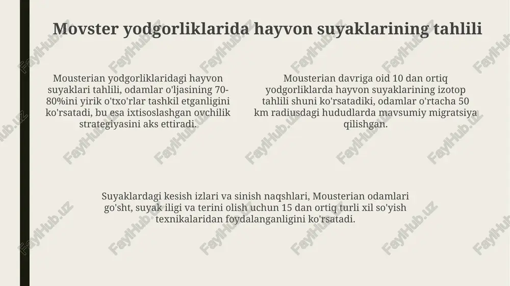arini yaratgan. movster davrining asosiy xususiyatlari movster texnologiyasi, levalua usuli bilan ajralib turadi, bunda toshdan aniq shakldagi qirindi (flakes) va nukleuslar (cores) tayyorlash uchun maxsus texnikalar qoʻllanilgan. movster davri asosan *homo neanderthalensis* bilan bogʻliq boʻlib, ular 200,000 yildan 40,000 yil avvalgacha yevropa va yaqin sharqda yashagan. movster makonlarida oʻsimlik qoldiqlari va hayvon suyaklari topilgan, bu neanderthal odamlarning 150 dan ortiq turlarni isteʼmol qilganligini koʻrsatadi. afrikadagi movster yodgorliklari shimoliy afrikadagi mousterian yodgorliklarida, masalan, dar-es-soltanda levallua texnologiyasi bilan ishlangan 100 mingdan 40 ming yil oldingi tosh qurollar topilgan. afrikaning sahroi kabir hududida 70 ming yil avvalgi mousterian davriga oid yodgorliklar mavjud boʻlib, ular oʻsha davrda iqlimning oʻzgarishi va inson migratsiyasini aks ettiradi. janubiy afrikada, border cave kabi joylarda, mousterian davri artefaktlari 65 ming yillik boʻlib, ular oʻsha davrdagi odamlarning kognitiv qobiliyatlari haqida maʼlumot beradi. movster texnologiyasi: tosh qurollari movster davrida, asosan, qirg'ichlar, o'q uchlari va tesuvchilar kabi turli xil tosh qurollar yaratilgan. …
