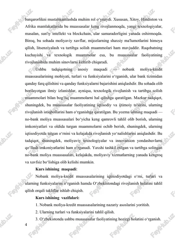ining mohiyati va ularning bank tizimidagi o‘rni nobank moliya-kredit muassasalari, ya’ni banklarsiz moliyaviy xizmatlar ko‘rsatadigan tashkilotlar, hozirgi zamon moliyaviy tizimlarida muhim o‘rin egallagan yangi model sifatida ajralib turadi. bu muassasalar banklar bilan to‘g‘ridan-to‘g‘ri bog‘liq bo‘lmagan holda, mijozlarga kredit berish, omonat qabul qilish va boshqa moliyaviy xizmatlarni raqamli texnologiyalar yordamida taqdim etadi. ularning asosiy maqsadi — moliyaviy inklyuzivlikni oshirish va kengroq aholiga, ayniqsa, bank xizmatlaridan foydalanish imkoniyati cheklangan yoki umuman foydalanmaydigan qatlamlarga xizmat ko‘rsatishdir.[footnoteref:1] [1: 1. iskandarov, r. m. nobank moliya muassasalari va mikrofinansning rivojlanishi. o‘zbekiston respublikasi moliya vazirligi nashriyoti, 2020. ] nobank moliya-kredit muassasalari turli shakllarda bo‘lishi mumkin. ular mikrofinans tashkilotlari, fintech kompaniyalari va raqamli banklar sifatida namoyon bo‘lishi mumkin. mikrofinans tashkilotlari odatda kichik va o‘rta biznes egalari uchun mo‘ljallangan kreditlar taqdim etadi, ular banklarga kirish imkoniyati cheklangan yoki kredit tarixiga ega bo‘lmagan mijozlar uchun muhimdir. fintech kompaniyalari esa, texnologik innovatsiyalar, masalan, sun’iy intellekt, blockchain va mobil ilovalar orqali moliyaviy …