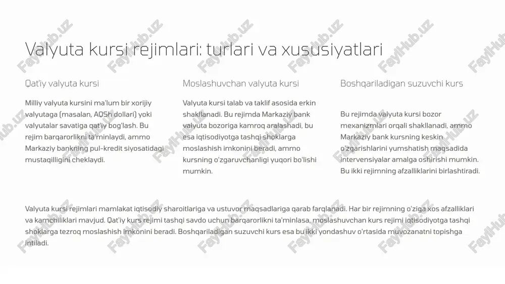 a importni qimmatlashtirib, unga bo'lgan talabni pasaytiradi. savdo balansini yaxshilash natijada, savdo balansini ijobiy tomonga o'zgartirishga yordam beradi. eksportga yo'naltirilgan o'sish eksportni rag'batlantirish orqali mamlakat iqtisodiy o'sishiga hissa qo'shadi. valyuta siyosati tashqi savdo dinamikasiga kuchli ta'sir ko'rsatadi. milliy valyutaning devalvatsiyasi eksport tovarlarini xorijiy bozorlarda arzonlashtirib, ularga bo'lgan talabni oshiradi. shu bilan birga, import tovarlari qimmatlashadi, bu esa import hajmini kamaytiradi. natijada, savdo balansini yaxshilash mumkin. aksincha, milliy valyutaning revalvatsiyasi eksportni qimmatlashtirib, importni arzonlashtiradi, bu esa tashqi savdo balansiga salbiy ta'sir ko'rsatishi mumkin. 9 valyuta siyosatini takomillashtirish yo'nalishlari shov-shuvlarning oshkoraligi markaziy bankning valyuta siyosati bo'yicha qarorlari va asoslarini doimiy ravishda oshkor qilish. innovatsion vositalar valyuta siyosatida zamonaviy vositalar va texnologiyalarni qo'llash. mintaqaviy hamkorlik qo'shni davlatlar markaziy banklari bilan valyuta masalalari bo'yicha hamkorlikni kuchaytirish. kadrlar salohiyati valyuta siyosati sohasidagi mutaxassislarning bilim va ko'nikmalarini oshirish. valyuta siyosatini yanada samaraliroq qilish uchun bir qator yo'nalishlarda ish olib borish zarur. markaziy bankning valyuta siyosati bo'yicha …