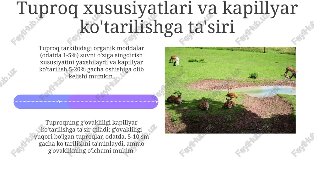 proqning granulometrik tarkibi va uning zichligini aniqlash uchun dastlabki ma'lumotlarni taqdim etadi, bu muhim ko'rsatkichdir. kirish qishloq xo'jaligi gidrologiyasida muhim rol o'ynaydi, ayniqsa, tuproqdagi suv harakatini modellashtirishda va sug'orish suvlarining optimal miqdorini aniqlashda qo'llaniladi. sug'oriladigan yerlarda kapillyar ko'tarilishning ahamiyati kapillyar ko'tarilishning balandligi tuproqning tuzilishi, zichligi va suv miqdori bilan bog'liq. masalan, qumli tuproqlarda ko'tarilish pastroq, loyli tuproqlarda esa yuqoriroq bo'ladi, bu esa suvning taqsimlanishiga ta'sir qiladi. kapillyar ko'tarilishning ortiqcha bo'lishi tuproqning sho'rlanishiga olib kelishi mumkin, chunki suv bilan birga tuzlar ham ko'tarilib, tuproqning yuqori qatlamlarida to'planadi va hosildorlikni pasaytiradi. tajriba tartibi tajriba uchun zarur bo'lgan suv miqdori, dala nam sig'imining 60-70% ini tashkil etishi kerak, bu esa tuproqning to'liq suv bilan ta'minlanishini ta'minlab, kapillyar ko'tarilishni o'rganishga yordam beradi. kapillyar ko'tarilish balandligi har kuni ertalab soat 9:00 da o'lchanadi va kamida 7 kun davomida kuzatiladi, bu esa vaqt o'tishi bilan ko'tarilish dinamikasini aniqlashga imkon beradi. e'tiboringiz uchun rahmat @taqdimot_robot image5.jpg image6.jpg …