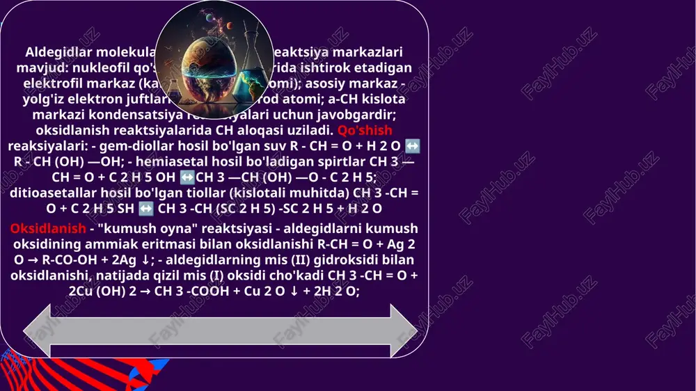 haroratda qaynaydi. aldegid va ketonlar tegishli spirtlarga nisbatan past haroratda qaynaydilar, chunki ular vodorod bog’lanish hosil qilib tuzilgan ularning dipol momentlari 2,7 d dan yuqori. e’tiboringiz uchun raxmat! image1.png image2.svg image3.png image4.svg image27.jpeg image9.png image10.svg image34.png image35.png image28.png image36.png image29.png image30.png image31.png image37.png image13.png image14.svg image38.png image32.png image33.png image15.png image16.svg image39.png image19.png image20.svg [ wi it rt r~ h aldegid o= te rs) d6 | a2)