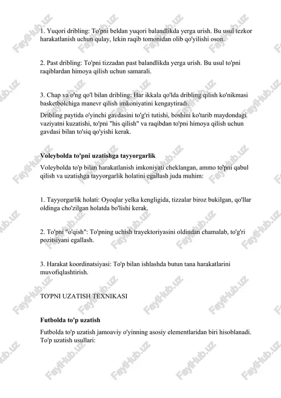 ladigan mashqlar, o'yin vaziyatlarini modellashtirish. zamonaviy yondashuvlar hozirgi kunda to'pni olib yurish va uzatish texnikasini rivojlantirishda qo'llaniladigan yangi usullar: 1. video tahlil: o'yinchilarning texnik harakatlarini videotasvirga olib, batafsil tahlil qilish. 2. biomexanik tahlil: to'p bilan ishlashda tana harakatlarini ilmiy jihatdan o'rganish. 3. maxsus texnik vositalar: gps tizimi, elektron trenajorlar va to'p bilan ishlash ko'nikmalarini rivojlantiruvchi qurilmalar. 4. psixologik tayyorgarlik: to'p bilan ishlashda qaror qabul qilish tezligi va aniqligini oshirish uchun psixologik mashqlar. xulosa to'pni olib yurish va uzatish texnikasi sport o'yinlarining asosiy elementlaridan biri hisoblanadi. bu texnikani mukammal o'zlashtirish nafaqat individual mahoratni oshiradi, balki butun jamoaning samaradorligini ham oshiradi. to'pni olib yurish va uzatish texnikasini doimiy ravishda takomillashtirish, maxsus mashqlarni bajarish va zamonaviy yondashuvlardan foydalanish sportchilarga yuqori natijalarga erishish imkonini beradi. foydalanilgan adabiyotlar 1. akramov j.a. "futbol: nazariya va amaliyot". toshkent, 2018. 2. rasulov o.t. "sport o'yinlari metodikasi". toshkent, 2019. 3. hasanov a.a. "basketbol texnikasi va taktikasi". toshkent, 2017. 4. …