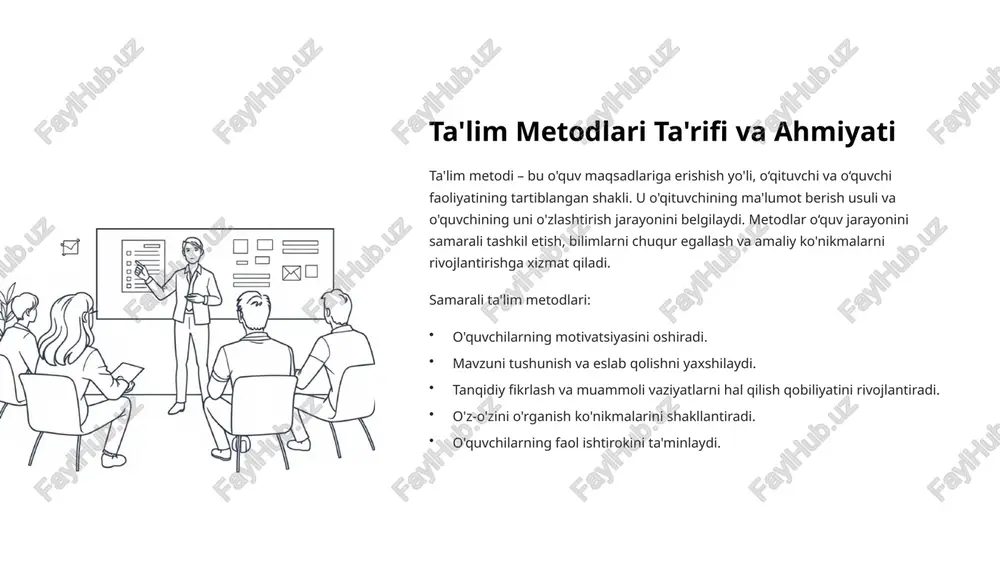 dilar. 3 rag‘batlantirish metodlari rag‘batlantirish metodlari (maqsad qo'yish, jamoaviy ish, o'yinlar) orqali o‘quvchilarni faol ishtirokga jalb qilish. bu metodlar o'quvchilarning o'ziga bo'lgan ishonchini oshiradi va ularni yangi bilimlarni egallashga undaydi. 10 xulosa: ta'limda mazmun, metod va vositalarning muvofiqligi ta'lim samaradorligi bevosita mazmun, metod va vositalarning uyg‘unligiga bog‘liq. ular bir-biri bilan chambarchas bog'liq bo'lib, bir-birini to'ldiradi va umumiy natijaga xizmat qiladi. innovatsion yondashuvlar ta'lim sifatini oshirishda muhim rol o‘ynaydi va o'quvchilarga xxi asr talablariga javob beradigan bilimlarni berishga yordam beradi. har bir o‘qituvchi o‘z sharoitiga mos metod va vositalarni tanlab, o‘quvchilarning rivojlanishiga xizmat qilishi zarur. faqatgina shu yo'l bilan biz kelajak avlodni har tomonlama yetuk va bilimdon qilib tarbiyalay olamiz. mazmun metodlar vositalar 11 e’tiboringiz uchun rahmat image2.jpg image1.png image3.png image4.png image5.png image6.png image7.png image8.png image9.png image10.png image11.png image12.png image13.png image14.png image15.png image16.png image17.png image18.png image19.png image20.png made with gamma [——) 5) ko 18) bo [) b il ob @ @®@eg …