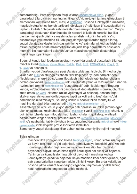 yning en:short code elektron kompyuter uchun yaratilgan birinchi yuqori darajadagi tillardan biri edi[4]. mashina kodidan farqli oʻlaroq, short code matematik ifodalarni tushunarli shaklda ifodalaydi. biroq, dastur har safar ishga tushirilganda mashina kodiga tarjima qilinishi kerak edi, bu jarayon ekvivalent mashina kodini ishlatishdan ancha sekinroq davom etadi. 1953-yil oxirida jon bekus ibm 704 kompyuterini dasturlash uchun assemblerdan samaraliroq boʻlgan muqobil dasturlash tilini ishlab chiqishni taklif qildi. 1954-yil oʻrtalarida fortran tilining spetsifikatsiyasi loyihasi tugallandi. biroq ushbu dasturlash tili avval boshida foydalanuvchilar tomonidan iliq kutib olinmadi, chunki fortran assemblerga qaraganda past unumdorlikka ega kod yaratadigan yuqori darajadagi dasturlash tili deya qarala boshladi. shu tufayli uni optimallashtirish zarurati vujudga keldi. keyinchalik bu til olimlar tomonidan intensiv hisoblash dasturlarini yozish uchun keng qoʻllangan. murakkab maʼlumotlar turini kiritish uni ayniqsa texnik ilovalar uchun moslashtirdi. 1960-yilga kelib, fortranning ibm 709, 650, 1620, 7090 kompyuterlari uchun versiyalari paydo boʻldi. uning katta mashhurligi raqobatchi kompyuter ishlab chiqaruvchilarni oʻz kompyuterlari …