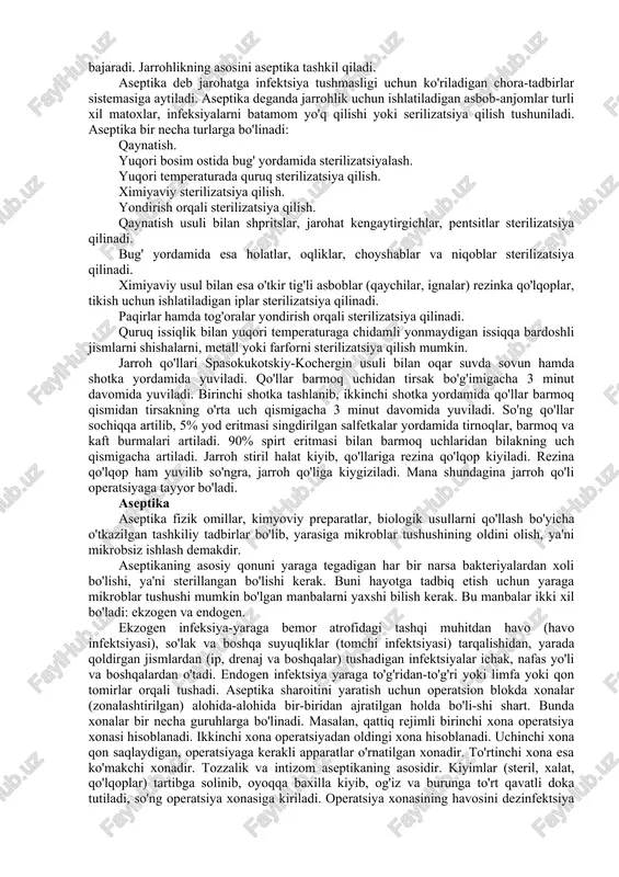 latish bilan; 2 - sterilizatsiya qilinadigan narsalarni kimyoviy moddalar eritmalariga botirish orqali. gazni sterilizatsiya qilish usuli gaz sterilizatsiyasining afzalligi shundaki, u amalga oshiriladi 14 past haroratlarda: 18-80 ° s, mahsulotlar qadoqlashda sterilizatsiya qilinadi. kamchilik shundaki, mahsulotlarning materialiga va inson to'qimalari bilan kutilgan aloqa davomiyligiga qarab, mahsulotlar 1 dan 21 kungacha ventilyatsiya qilinishi kerak. sterilizatsiya qiluvchi vositalar etilen oksidi, ob aralashmasi (mos ravishda 1:2,5 og'irlikdagi etilen oksidi va metil bromid aralashmasi ) va formaldegidning etil spirtidagi eritmasi . gaz sterilizatsiyasidan oldin, sterilizatsiya oldidan tozalashdan so'ng, mahsulotlar namlik yo'qolguncha quritiladi, 2 qatlamli polietilen plyonka (0,06 - 0,2 mm qalinlikdagi), pergament va o'rash qog'ozidan yasalgan qoplarga qadoqlanadi, shuningdek bug'da sterilizatsiya qilish uchun ishlatiladi. . plastik plyonkali qadoqlarda sterillangan mahsulotlarning yaroqlilik muddati 5 yil, qog'ozli qadoqlarda - 20 kun. gazlar bilan sterilizatsiya qilish uchun maxsus statsionar gaz sterilizatorlari qo'llaniladi, agar ular mavjud bo'lmasa, siz portativ qurilmalardan foydalanishingiz mumkin - konvertatsiya qilinganidan keyin mi mikroanaerostat …