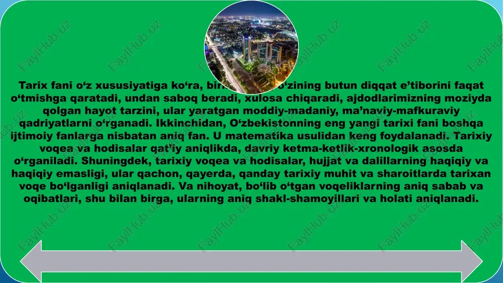 nish predmeti va obyekti aniq bo‘lmasa, uning oldidagi vazifa noaniq bo‘lib, maqsadga erishish mushkul bo‘ladi. tarixiy haqiqat to‘la ro‘yobga chiqishi, haqqoniy tarix yozilishida tarix fanining predmeti va obyektini to‘g‘ri belgilanishi o‘ta muhim ahamiyatga ega. chunki o‘zbekistonning eng yangi tarixi fani uchun ham boshqa barcha fanlar qatori predmet va obyekt masalasi asosiy masala bo‘lib hisoblanadi. zero, fan uning o‘rganish predmeti va obyekti aniq bo‘lmasa, uning oldidagi vazifa noaniq bo‘lib, maqsadga erishish mushkul bo‘ladi. o‘zbekistonning eng yangi tarixi fani boshqa ijtimoiyot va tabiat fanlaridan farqli o‘laroq mustaqil fan. shuningdek, u barcha fanlar orasida alohida o‘z o‘rni va mavqeyiga ega. u barcha fanlar tarixini ham o‘z ichiga olgan holda ularning rivojiga katta ta’sir etadi. bu uning o‘rganish predmeti va obyekti hamda vazifasida to‘la namoyon bo‘lmog‘i kerak. o‘zbekistonning eng yangi tarixi fani boshqa ijtimoiyot va tabiat fanlaridan farqli o‘laroq mustaqil fan. shuningdek, u barcha fanlar orasida alohida o‘z o‘rni va mavqeyiga ega. u barcha …