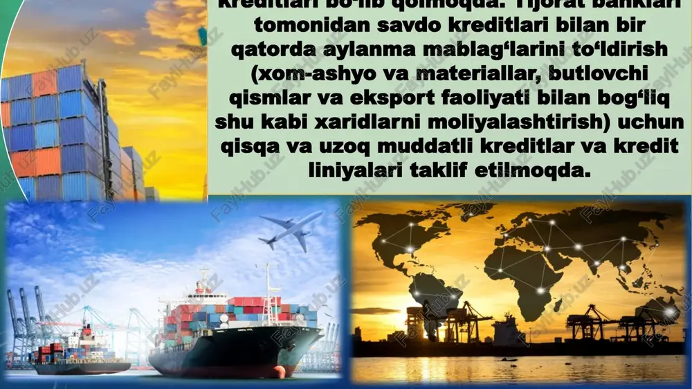 chetvertiy uroven pyatiy uroven obrazets teksta vtoroy uroven tretiy uroven chetvertiy uroven pyatiy uroven obrazets zagolovka obrazets teksta obrazets teksta vtoroy uroven tretiy uroven chetvertiy uroven pyatiy uroven obrazets teksta obrazets teksta vtoroy uroven tretiy uroven chetvertiy uroven pyatiy uroven obrazets zagolovka obrazets zagolovka obrazets teksta vtoroy uroven tretiy uroven chetvertiy uroven pyatiy uroven obrazets teksta obrazets zagolovka vstavka risunka obrazets teksta obrazets zagolovka vstavka risunka obrazets teksta obrazets zagolovka obrazets teksta ” “ obrazets zagolovka obrazets teksta obrazets teksta obrazets zagolovka obrazets teksta ” “ obrazets zagolovka obrazets teksta obrazets teksta obrazets zagolovka obrazets teksta obrazets teksta obrazets zagolovka obrazets teksta vtoroy uroven tretiy uroven chetvertiy uroven pyatiy uroven obrazets zagolovka obrazets teksta vtoroy uroven tretiy uroven chetvertiy uroven pyatiy uroven obrazets zagolovka obrazets teksta vtoroy uroven tretiy uroven chetvertiy uroven pyatiy uroven mavzu: o’zbekistonda export operatsiyalarini kreditlash tahlili mavzu: o’zbekistonda export operatsiyalarini kreditlash tahlili reja : 1.o‘zbekistonda eksport …