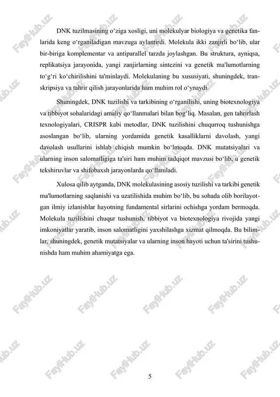 ahamiyat kasb etadi. bu jarayon, asosan, xromatinning tuzilishi va uning organizm uchun qanday qilib samarali va xavfsiz tarzda saqlanishini ta’minlash bilan bog‘liq bo‘lib, molekulaning hajmini kamaytirish va hujayra bo‘linish jarayoniga tayyorlash uchun amalga oshiriladi. dnk kondensatsiyalanishi jarayonining asosiy bosqichlaridan biri xromatin tuzilmasining tashkil topishi hisoblanadi. bu jarayon, odatda, histon oqsillari bilan bog‘liq bo‘lib, dnk shakar va fosfat guruhlaridan tashkil topgan uzun zanjirlar bilan histonlar o‘rtasida vodorod bog‘larining hosil bo‘lishi orqali yuzaga keladi. histonlar, o‘z navbatida, dnk ni xromatin shaklida joylashtirishga yordam beradi va bu xromatinlarning yadro ichida tartibli joylashishini ta’minlaydi. bu jarayon, shuningdek, histon modifikatsiyalari (masalan, metillash yoki fosforilash) orqali dnkning faolligi va genetik ma’lumotlarning ifodalanishini nazorat qilish imkonini beradi. kondensatsiyalanish jarayonining ikkinchi bosqichi, ya’ni, xromatinning qattiqroq tuzilishga aylanishi, xromosomalar shaklini oladi. bu bosqichda, xromatin torbalar (nukleozomlar) o‘zaro yopishib, yuqori darajadagi tashkilotga ega bo‘lib, genetik ma’lumotlarning hujayra bo‘linish vaqtida aniq va tartibli tarqalishini ta’minlaydi. xromosomalar, shuningdek, ularning yadro ichidagi joylashuvi …