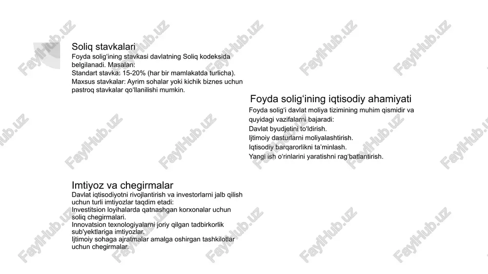 a'minlashdir. quyida foyda solig‘ining shakllanish jarayoni bosqichlari keltirilgan: 3.foyda solig’ining shakillanishi jarayoni soliq kodekisi asosida soliq sub'yektining aniqlanishi foyda solig‘ini to‘lash majburiyati yuridik shaxslar, ya'ni kompaniyalar va boshqa tashkilotlarga yuklatiladi. soliq kodeksida rezident va norezident yuridik shaxslar o‘rtasidagi farq belgilangan. rezident yuridik shaxslar: o‘zbekistonda ro‘yxatdan o‘tgan va uning hududida faoliyat yuritayotgan kompaniyalar. norezident yuridik shaxslar: o‘zbekiston hududida daromad topayotgan, lekin boshqa davlatda ro‘yxatdan o‘tgan yuridik shaxslar. soliq solinadigan daromadning shakllanishi foyda solig‘ining asosiy elementlaridan biri — soliq solinadigan daromad. soliq kodeksiga ko‘ra, bu daromad kompaniyaning jami daromadidan ruxsat etilgan xarajatlar va imtiyozlar ayirilgandan keyin qolgan summadir. jami daromad: kompaniya tomonidan olingan barcha turdagi daromadlar, shu jumladan, sotuvlar, xizmatlar va boshqa manbalardan olinadigan daromadlar. ruxsat etilgan xarajatlar: soliq solinadigan daromadni aniqlashda kompaniyaning ishlab chiqarish va boshqaruv xarajatlari, ma'muriy xarajatlari va boshqa qonuniy xarajatlar ajratiladi. imtiyozlar: foyda solig‘idan chegirmalar yoki soliq imtiyozlari mavjud bo‘lishi mumkin. masalan, investitsiya loyihalariga kiritilgan mablag‘lar uchun soliq …