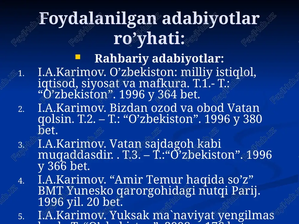 . nuritdin muhitdinov sobiq sho’rolar davrida amir temur qiyofasi 1941 yil iyunda amir temurning qabri ochilib uning ruhi bezovta qilindi. antropolog gerasimov tomonidan tiklangan amir temurning qiyofasi sobiq sho’rolar davridagi sohibqironning yagona tasviri edi. bu tasvir “fan va turmush” jurnalida ibrohim mo’minov tomonidan e’lon qilingan maqolada chop etilgan. 1973 yil sobiq sovet delegatsiyasi tarkibida o’zbeistondan naim g’oibov hindistonda safarda bo’ldi. o’shanda dehlidagi “qizil qal’a” majmuidagi bir go’zal bog’ni ko’rdi. bu qa’la va bo’g amir temur avlodla- ri ijodi ekanligini, bu ishlarning bosh tashab- buskori amir temur ekanligi bilan birinchi bor mag’rurlangan edi. “oqsoq darvesh ” qariyib bir yarim asr muqaddam vengriyalik xerman vamberi movarounnahrda bo’lib o’zining “buxoro yoxud movarounnahr tarixi” asarini yaratdi. vamberi amir temurga shunday haqqoniy baho bergan edi: “temurni chingizxon bilan bir qatorga qo’yib uni yovuz, o’zboshimcha, mustabid hokim deb atovchilar- ning fikrlari ikki tomonlama hatodir. u avvalo o’zining g’olibona qurolini zamonasining odatiga ko’ra ishga solgan osiyolik hokim …