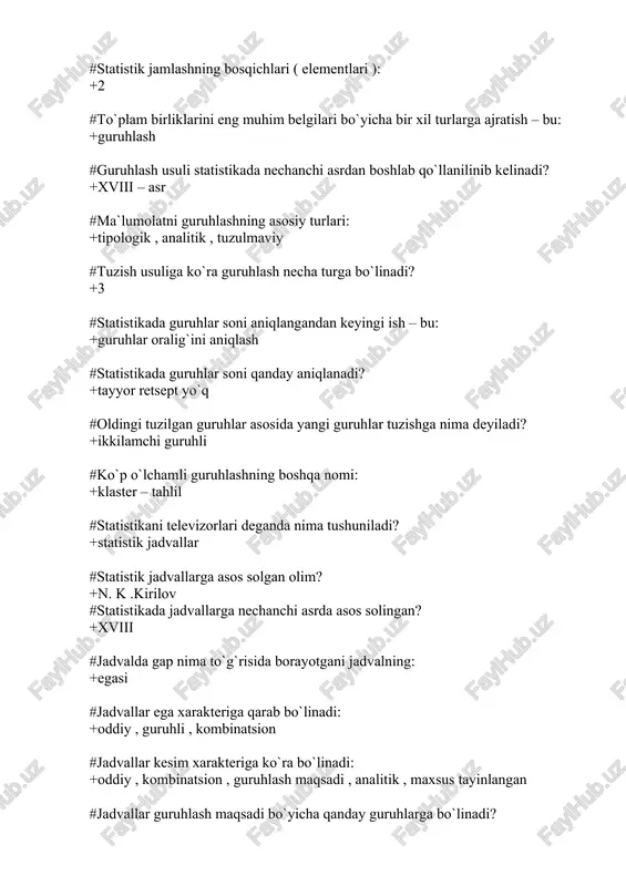 garmonik o`rtacha miqdorlar bo`linadi: +oddiy va tortqichli o`rtacha miqdorlar #to`plamda eng ko`p uchraydigan belgining nomi: +moda #to`plamni teng ikkiga bo`luvchi belgi ( eng o`rtasida joylashgan miqdor ) ni nomi: +mediana #o`rtacha miqdorlar – bu: +to`plamga umumiy bo`lgan jihatlarni ifodalovchi ko`rsatgich #mutloq miqdorlarni hosil bo`lishi: +kuzatish ma`lumotlarini jamlash va maxsus hisob – kitob yo`li bilan #dinamika , tuzilmaviy , koordinatsiya , intensivlik va taqqoslash miqdori bu: +nisbiy miqdorlar #mutloq va nisbiy miqdorlardan foydalanishdan oldin: +ular taqqoslama holga keltirilishi lozim #vaqt ko`rsatgichi va shu vaqtga tegishli daraja – bu : +dinamika qatorlar unsuri #mutloq o`zgarish - bu: +dinamika qatorlar ikki xadining farqi #o`rtacha mavsumiylik indeksi – bu: +bunda har bir yil uchun mavsumiylik indeksi aniqlanadi #bashoratlashda nimalar hisobga olinadi? +o`tgan yillardagi o`zgarish sur`atlari saqlanib qolishiga ishonch bildirib #ekstropolyatsiya nima? +bashoratlash #to`plam belgilari o`rtasidagi bog`lanishlarning xarakteriga qarab bo`linadi: +funksional va korrelyatsion #qaysi bog`lanishlarni to`liq , aniq “qattiq” bog`lanishlar deyiladi? +funksional #qanday hollarda bog`lanishning …