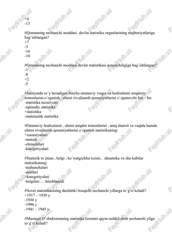zam xato muntazam xato va reprezentativ xato #statistik kuzatish rejasi nimalarni o`z ichiga oladi? -tanlab va bevosita kuzatish -bevosita va hujjatli kuzatish +dasturiy - uslubiy va tashkiliy masalalarni -bevosita va savol – javob usullarini #reprezentativ xatoning turlari: -qayd qilish , arifmetik +tasodifiy va muntazam -uzluksiz va fursatli -fursatli va bir yo`la #to`plangan ma`lumotlarni ko`zlangan maqsad va vazifalar nuqtai nazaridan qayta ishlash – bu: -gurhlash +jamlash -grafiklarda ifodalash -ma`lumotlarni saqlash #statistik jamlashning bosqichlari ( elementlari ): -4 -3 -5 +2 #to`plam birliklarini eng muhim belgilari bo`yicha bir xil turlarga ajratish – bu: +guruhlash -jadval -jamlash -indekslash #guruhlash usuli statistikada nechanchi asrdan boshlab qo`llanilinib kelinadi? -xv - asr -xii –asr +xviii – asr -xix – asr #ma`lumolatni guruhlashning asosiy turlari: -sintetik , analitik , tuzulmaviy -bog`lanish , analitik va tuzulmaviy +tipologik , analitik , tuzulmaviy -umumdavlat klassifikatori , kombinatsion #tuzish usuliga ko`ra guruhlash necha turga bo`linadi? -4 +3 -2 -5 #statistikada guruhlar …