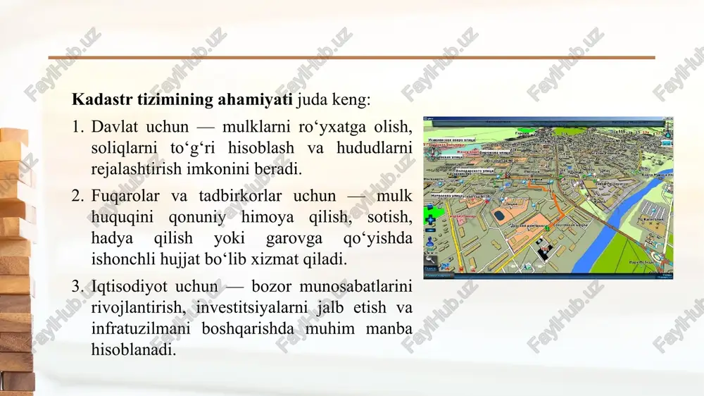 in mulkchilik munosabatlarining shakllanishiga to‘sqinlik qilgan. sovet davrida yer hisobi va reyestr tizimi 2. yer hisobini yuritish tizimi yer hisobini yuritish asosan qishloq xo‘jaligi maqsadlariga qaratilgan edi. yerlar sifati, unumdorligi va maydoni bo‘yicha muntazam ro‘yxatga olinib, “yer balanslari” shaklida hisobotlar tuzilgan. yer hisobi quyidagilarni o‘z ichiga olgan: yer turlarini (ekinzor, o‘rmon, yaylov, yo‘l va boshqalar) ajratish; yer maydonlarini aniqlash va planlash; har yili yangilanadigan statistik ma’lumotlarni tuzish. 3. reyestr tizimi ko‘chmas mulklar, bino-inshootlar va kommunal obyektlar haqidagi ma’lumotlar esa reyestr shaklida yuritilgan. bu reyestrlar turli idoralar tomonidan alohida-alohida boshqarilgan: yer hisobi – qishloq xo‘jaligi vazirligi; bino va inshootlar reyestri – kommunal xo‘jalik idoralari; sanoat obyektlari reyestri – davlat rejalashtirish qo‘mitasi tomonidan yuritilgan. natijada, yagona kadastr tizimi mavjud bo‘lmagan, barcha ma’lumotlar idoralarga bo‘lingan, qog‘oz shaklida saqlangan va ular o‘rtasida ma’lumot almashinuvi deyarli yo‘q edi. 4. geodeziya va kartografiya ishlari sovet davrida geodeziya va kartografiya ishlari ham davlatning qattiq nazorati ostida olib …