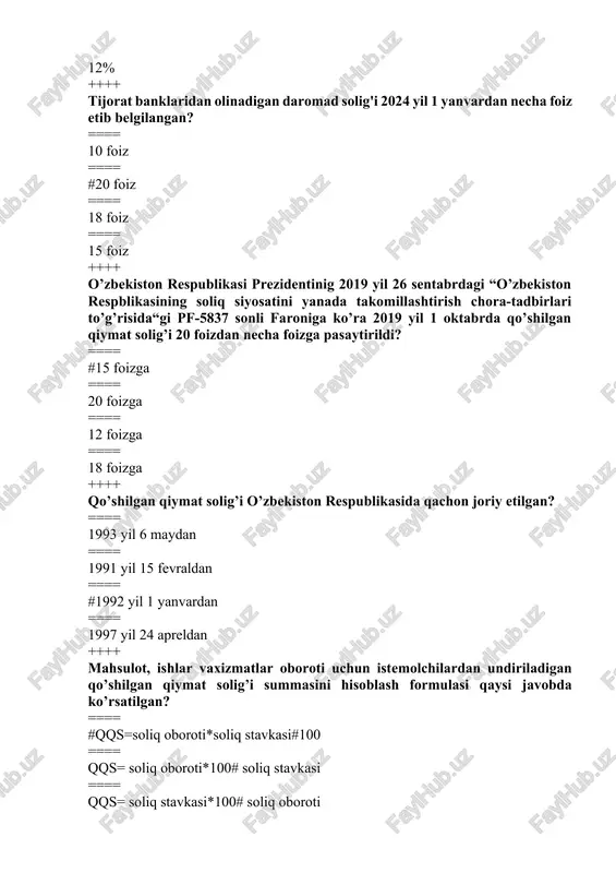 briga qadar ==== joriy yilning 15 apreliga va 15 oktabriga qadar ==== joriy yilning 15 iyuniga va 15 dekabriga qadar ==== joriy yilning 15 mayiga 1 dekabriga qadar ++++ o’zbekiston respublikasi prezidentining “o’zbekiston respublikasining soliq siyosatini takomillashtirish konseptsiyasi” to’g’risidagi pf-5468-sonli farmoni qachon qabul qilindi. ==== 2018 yil 9 iyun ==== 2018 yil 11 fevral ==== 2018 yil 1 sentabr ==== #2018 yil 29 iyun ++++ bozor daromadlariga nimalar kiradi? ==== #patta to’lovi tushumlari; boshqa tushumlar ==== bozorning oziq-ovqat maxsulotlari ==== ijaradan tushgan daromadlari ==== bankdagi hisobraqamidagi mablag’i ++++ soliq solish printsiplari..... bu? ==== adolatlilik, soliq tizimining yagonaligi,oshkoralik va soliq to’lovchining haqligi prezumptsiyasi printsiplariga asoslanadi ==== soliq solish majburiylik, aniqlik va soliq organlarining soliq to’lovchilar bilan hamkorligi, adolatlilik ==== #soliq solish majburiylik, aniqlik va soliq organlarining soliq to’lovchilar bilan hamkorligi, adolatlilik, soliq tizimining yagonaligi,oshkoralik va soliq to’lovchining haqligi prezumptsiyasi printsiplariga asoslanadi ==== soliq solish majburiylik, aniqlik va soliq organlarining soliq to’lovchilar …