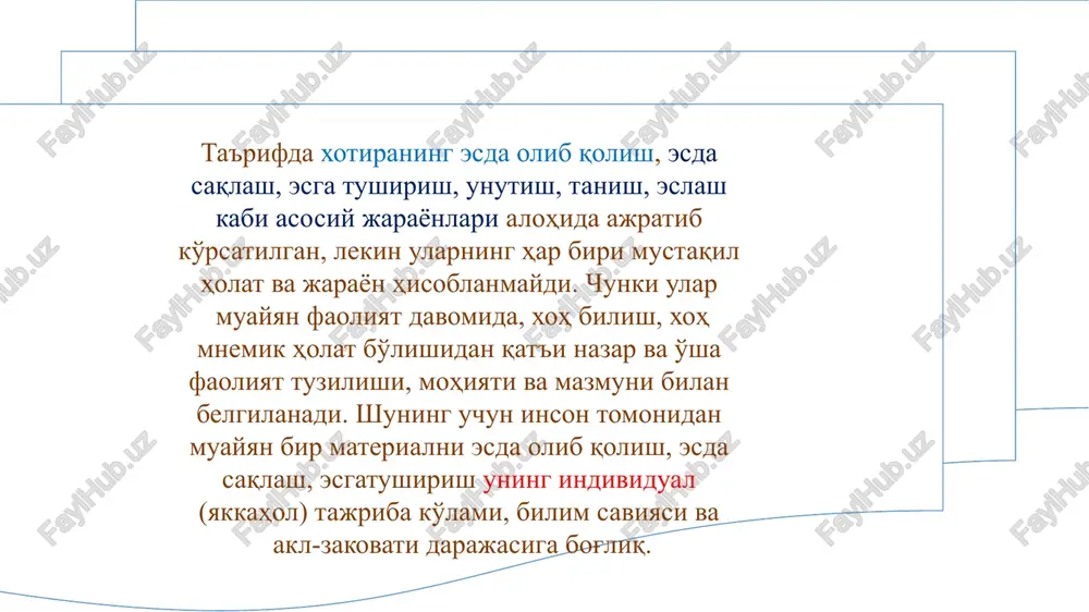 rlar. odatda xotiraning turlariga va ularni muayyan turlarga ajratishda eng muhim asos qilib, uning xarakteristikasini esda olib qolish, esda saqlash, qayta esga tushirish, tanish singari jarayonlarni amalga oshiruvchi faoliyatning xususiyatlariga bog'liqligi olinadi. umumiy psixologiyada xotira 5 ta muhim mezonga (bizningcha) muvofiq ravishda turlarga, ko'rinishlarga ajratiladi: i. ruhiy faoliyatning faolligiga ko'ra xotira quyidagi turlarga bo'linadi: a) harakat yoki motor harakat xotirasi; b) obrazli xotira; v) his-tuyg'u yoki hissiyot xotirasi; g) so'z-mantiq xotira. ii. ruhiy faoliyatning maqsadiga binoan; a) xtiyorsiz, b)ixtiyoriy, v) mexanik. iii. ruhiy faoliyatning davomiyligiga ko'ra: a)qisqa muddatli xotira; b) uzoq muddatli; v) operativ (tezkor) xotira. iv.ruhiy faoliyat qo'zg'atuvchisining sifatiga ko'ra: a) musiqiy, b) eshitish xotirasi. v. ruhiy faoliyatning inson yo'nalishiga qarab: a) fenomenal, b) kasbiy. harakat xotirasi. inson faoliyatining har bir turiga ruhiy faollikning u yoki bu ko'rinishlari ustunlik qilishi kuzatiladi: masalan, harakat, hissiyot, idrok, aql-zakovat kabi ruhiy faoliyatning ko'rinishlari mavjuddir his-tuyg'u yoki hissiy xotira. bu xotira his-tuyg'ular, ruhiy …