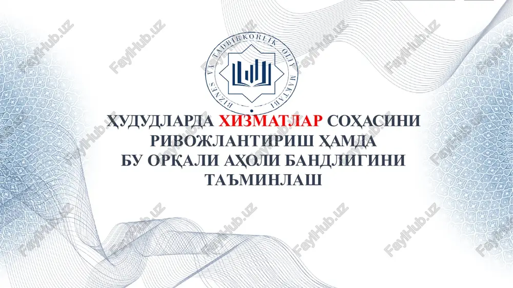 snifi ishbilarmonlik xizmatlari vositachilik aloqa qurilish va injiniring ko'chmas mulk, taqsimot etkazib berish ta'lim moliyaviy xizmatlar banklar,sug'urta, kapital yaratish sog'liqni saqlash va ijtimoiy xizmatlar sayyohlik dam olish, madaniyat, sport transport xizmatlari tashishlar ekologiya boshqa xizmatlar boshqa xizmatlar ayrim rivojlangan mamlakatlar yaim tarkibida xizmatlar sohasining ulushi № malakatlar yamm (yaim) arkibida xizmatlar ulushi,% 1 gonkong 93 2 belgiya 78 3 aqsh 78 4 frantsiya 78 5 daniya 77 6 buyuk britaniya 77 7 yaponiya 72 8 shvetsiya 72 9 germaniya 71 10 avstriya 69 o'zbekiston respublikasining yaim tarkibida xizmatlar ulushining o'zgarishi 2023 yil-470,3 trln. so'm. xizmatlar sohasining asosiy turlari bo'yicha ulushi, % kompyuterlar va maishiy tovarlarni ta'mirlash bo'yicha xizmatlar ijara xizmatlari me'morchilik, muhandislik izlanishlari, texnik sinovlar va tahlil sohasidagi xizmatlar sog'liqni saqlash sohasidagi xizmatlar shaxsiy xizmatlar ko'chmas mulk bilan bog'liq xizmatlar yashash va ovqatlanish xizmatlari boshqa xizmatlar ta'lim sohasidagi xizmatlar aloqa va axborotlashtirish xizmatlari moliyaviy xizmatlar transport xizmatlari savdo xizmatlari 1.5 …