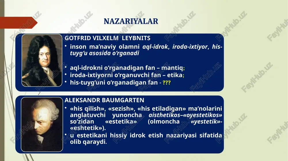 a asboblari jo'rligida qo'shiq qilib aytish mumkin. maddoh (deklomator) tinglovchiga yoqmagan bayt o'rniga boshqasini o'qishi mumkin, oyatlarga esa bu tariqa munosabatda bo'lish mumkin emas. she'r yaratish insonga xos, shuning uchun u she'rdan lazzatlanadi. oyatlar xudoning kalomi, uni inson yarata olmaydi. manfaatsiz go'zallik qalb sezgisi vositasida his etiladigan go'zallik bo'lib, u muhabbat tushunchasi bilan bog'liq holda tadqiq etiladi. go'zallik - go'zallikni anglab etgan odam uchungina muhabbat obektidir. go'zallikni anglab etishning o'zi yoqimli, o'z-o'zicha muhabbat obekti bo'lishi mumkin. oliy darajadagi go'zallik – bu faqat o'z kamolotining barcha qirralariga to'liq ega bo'lgan narsalardir. tug'ma nafosat tuyg'usining mavjudligi haqidagi g'oyani go'daklar va hayvonlarning ham nafosat tuyg'usiga ega ekanligi bilan isbotlashga intiladi. abu homid muhammad al-g'azzoliy (1058-1111) alishyer navoiy (1441-1501) ichki va tashqi go'zallik g'oyasini ilgari suradi; so'zga alohida e'tibor beradi. kam so'z ishlatib, ko'p mazmun anglatishi zarur. so'z - ko'ngil qutisi ichidagi gavhardir. badiiy asar faqat go'zallikni kuylashi bilangina cheklanishi kerak emas, balki o'zi …