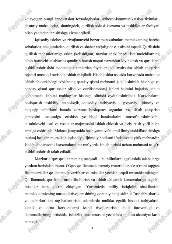 ilish yo‘llari muhim o‘rin egallaydi. respublikamizda ijtimoiy yo‘naltirilgan bozor iqtisodiyotini shakllantirish strategiyasini qabul qilinishi aholining, shu jumladan, korxonalar xodimlarining hayotini yaxshilash, yashash va ishlash sharoitini yuqori saviyaga ko‘tarishni asosiy maqsadlardan biri qilib belgiladi. korxona miqyosida, mulkning shakli va unga bo‘lgan munosabatdan qat‘iy nazar, xodimlar samarali faoliyat ko‘rsatishi va ularning jismoniy va aqliy salohiyatidan to‘laroq foydalanish hamda har bir tashkilot oldiga qo‘ygan maqsadga erishish uchun xodimlarning boshqaruv tizimini oqilona tashkil etish muhimdir. asosiy qism 2.1 “voha arx proekt” mchj haqida to’liq ma’lumot 1-rasm. “voha arx proekt” mchjning shahrisabz tumanida joylashgan “gulnora” oromgohini qayta ta`m`irlash obyekti qurilish – bu mamlakat xalq xo‘jaligining yirik sohasi bo‘lib, ishlab chiqarish kuchlarining rivojlanishi va xalqning farovonlik darajasi o‘sishida yetakchi o‘rin tutadi. qurilishda bir necha yuz minglab kishilar faoliyat olib borib, ular bevosita sanoat miqyosidagi inshootlar, fuqarolik inshootlari va boshqa turdagi ob’yektlarda, shuningdek qurilish tashkilotlari va korxonalarida faoliyat yuritishadi. qurilishning asosiy ishtirokchilariga yuridik va jismoniy shaxslar kiradi, …