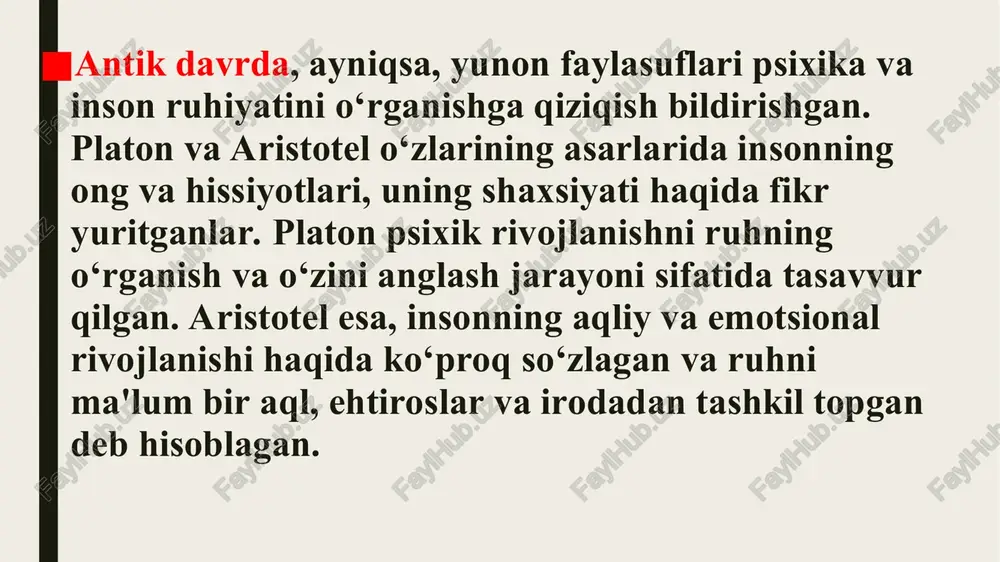 a, insonning psixik rivojlanishi va fiziologik jarayonlari ham sezilarli darajada o'zgaradi. psixologik jihatdan, bu davrda o'zini tanish, jismoniy va ruhiy salomatlikka alohida e'tibor qaratiladi. mavzu: psixik rivojlanish va uni davrlashtirish muammosi psixik rivojlanish, odamlarning agliy, hissiy va ijtimoiy o'zgarishlarini o'rganadi. bu jarayonning davrlashtirilishi psixologiyaning muhim masalalaridan biridir. psixik rivojlanish - shaxsning psixik xususiyatlaridagi o'zgarishlar va ularning ijtimoiy va madaniy ta'sirlar bilan qanday rivojlanishini o'rganish jarayonidir psixik rivojlanish nafaqat intellektual o'zgarishlarni, balki hissiy, ijtimoiy va xulq-atvorni ham o’z ichiga oladi. (_ > psixik rivojlanish tarixi juda murakkab va uzoq bir jarayon bo'lib, bir qancha asrlar davomida psixologiya, falsafa, pedagogika va tibbiyot sohalarida o‘rganilgan. psixik rivojlanishning tarixiy rivoji o‘zgarib turdi, chunki insonning ongini va ruhiyatini tushunish uchun turli bilim sohasi va usullar ishlatilgan. psixik rivojlanishning o‘rganilishi ham biologik, ham ijtimoiy-psixologik omillarni hisobga olgan holda kechgan. y, 1. antik davr (miloddan avvalgi 5-4 asrlar) o‘rta asrlar va renessans davri 19-asr: ilmiy psixologiya va …