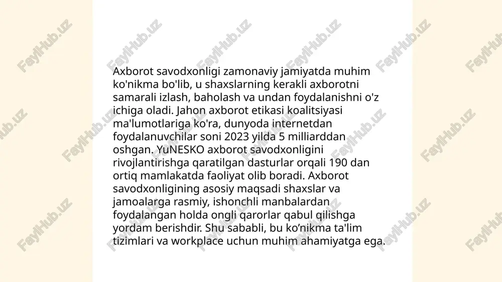 rasida sun'iy intellekt va machine learning texnologiyalari ham mavjud bo'lib, ulardan foydalanish global miqyosdagi axborot ekspluatatsiyasini qo'llab-quvvatlaydi hamda samaradorlikni oshiradi. media va axborot savodxonligining asosiy usullari haydarova shahlo geografiya 24_01 e'tiboringiz uchun raxmat! image1.png image2.png image3.jpg /docprops/thumbnail.jpeg