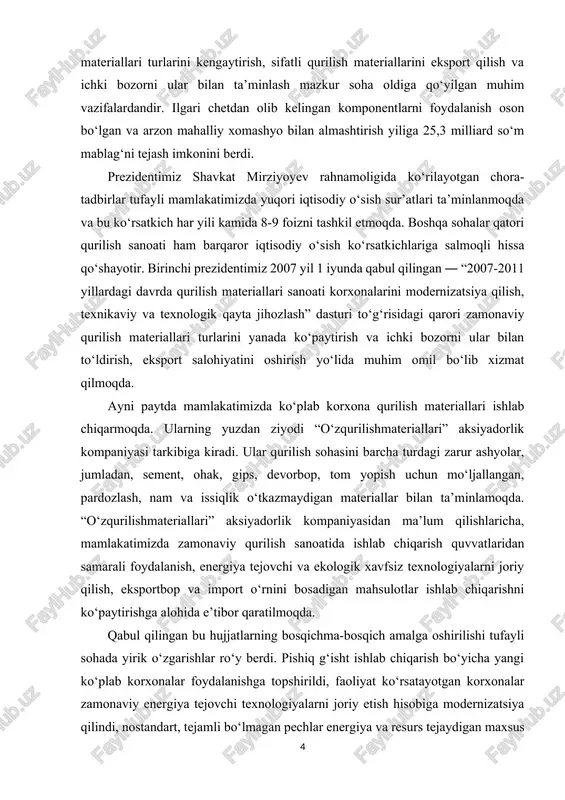 rlarini ko‘paytirish, ularning sifatini oshirish va tannarxini 15-20 foizga kamaytirish imkonini berdi. mazkur yo‘nalishda 35 loyihani amalga oshirish ko‘zda tutilgan bo‘lib, hozirgi kunga qadar ularning 29 tasi hayotga tatbiq etildi. ayni paytda 6 loyiha bo‘yicha ishlar davom ettirilmoqda. o‘tgan yilda iqtisodiyotimizga 11 milliard 700 million dollar miqdorida ichki va xorijiy investitsiyalar jalb etildi. jami investitsiyalarning qariyb 74 foizi ishlab chiqarishni modernizatsiya qilish va yangilashga qaratilgan dastur va loyihalarni amalga oshirishga yo‘naltirildi. joriy yilda mamlakatimiz iqtisodiyotini 8 foizga, sanoatni 8,4 foizga, qishloq xo‘jaligini 6 foizga, asosiy kapitalga kiritilgan investsiyalar hajmini 11 foizga, xizmat ko‘rsatish sohasini qariyb 16 foizga oshirish va yalpi ichki mahsulotda uning ulushi 53 foizgacha o‘sishini ta’minlash vazifasi qo‘yilmoqda. qurilish ashyolarini ishlab chiqarishda ishlatiladigan xom ashyo va mineral resurslardan oqilona foydalanish, ishlab chiqarish texnologiyasida atrof muhitning ifloslanishini oldini oladi, zararli chiqindilar kamayadi va ulardan samarali qurilish ashyolari olish imkoni tug‘iladi. o‘zbekiston respublikasi qurilish vazirligi faoliyatini samarali tashkil etish maqsadida, …
