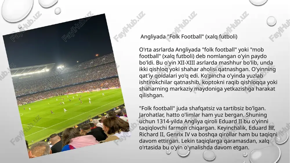 quyidagilar edi: mamlakat o'zining mustaqilligining 100 yilligini nishonlayotgan edi, bundan tashqari, urugvay terma jamoasi 1924 va 1928-yillardagi olimpiya o'yinlarida g'alaba qozongan edi. 1920-yillarga kelib, o'zbekistonda dastlabki futbol jamoalari tashkil topdi. 1926-yilda toshkentda "dinamo" sport jamiyati va "spartak" futbol klublari tuzildi, keyinchalik samarqand, andijon, farg'ona, buxoro va boshqa shaharlarda ham futbol jamoalari paydo bo'la boshladi. "paxtakor" futbol klubining tashkil etilishi o'zbekiston futbol tarixida eng muhim voqealardan biri – 1956-yilda "paxtakor" futbol klubining tashkil etilishi bo'ldi. "paxtakor" tez orada o'zbekistonning ramziy jamoasiga aylandi. klub 1959-yilda sssr oliy ligasiga ko'tarildi va u yerda qator yillar davomida muvaffaqiyatli faoliyat ko'rsatdi. o'zbekiston milliy terma jamoasi 1992-yil 17-iyunda tojikistonga qarshi birinchi rasmiy o'yinini o'tkazdi (2:2). jamoa ko'plab osiyo musobaqalarida ishtirok etib kelmoqda, lekin hanuzgacha fifa jahon chempionatiga chiqa olmagan. o'zbekiston terma jamoasining asosiy yutuqlari: - 1994-yilda birinchi bor osiyo o'yinlarida ishtirok etib, to'rtinchi o'rinni egalladi - 2011-yilda osiyo kubogi yarim finaliga chiqib, 4-o'rinni egalladi - 2018-yil …