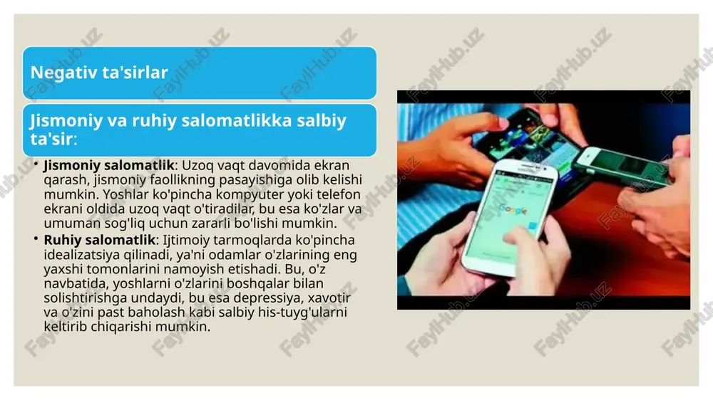 keng imkoniyatlar yaratadi, ammo shu bilan birga xavf-xatarlarni ham keltirib chiqaradi. yoshlarning internetdan samarali va xavfsiz foydalanishlari uchun ularga ta'lim berish, xavfsizlik choralarini ko'rish va ijtimoiy tarmoqlardagi muammolarni hal qilishda jamoaviy mas'uliyat kerak. e’tiboringiz uchun rahmat image2.jpg image3.jpeg image4.jpeg image5.jpeg image6.jpeg /docprops/thumbnail.jpeg internet va timony tarmoqlarning yoshlar dunyosigatasiri