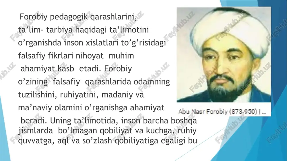 shin va sirli parchinlar bilan qoplangan. binoning ichki sahni sudsi faxriy (sekstant) va koridorlar bilan to’rt qismlarga ajratilgan. rasadxona ichki devorlarida koinot-u er sharining umumiy manzarasi tasvirlangan bo’lib, shu tufayli bu mavzu aholi o’rtasida «haqshi jahon» degan nom bilan shuhrat topadi. sharqning ulkan qomusiy olimi, jahon ilmi va pedagogik fikrlarining eng mashhur namoyondalaridan abu ali al-husayn ibn abdulloh ibn sino (980-1037) ta’lim-tarbiya masalariga jiddiy va ijodiy yondashgan. olimning bolani tarbiyalash va o‘qitish haqidagi pedagogik - psixologik qarashlari o‘zining chuqurligi, insonparvarligi va teranligi bilan kishini hayratda qoldiradi. ibn sino “risolat at-tayr” (“qush”), “xayy ibn yaqzon”, (“uyg‘oq o‘g‘li tirik”), “donishnoma” kabi asarlarida o‘zining pedagogik va psixologik qarashlarini ifodalaydi. masalan, u “hayy ibn yaqzon” asarida yoshlarni do‘stlikka, bilim o‘rganishga chaqiradi: “... bir-biringizdan bilim o‘rganib, kamol topishingiz uchun dil pardasini ochib tashlang”. shuningdek, alloma shaxs fe’l-atvorini, tabiatini chuqurroq tushunish uchun farosat ilmining, ya’ni ilmiy mantiqni bilishga da’vat qiladi. chunki ilmiy-mantiq shaxs didini o‘stiradi, fikr …