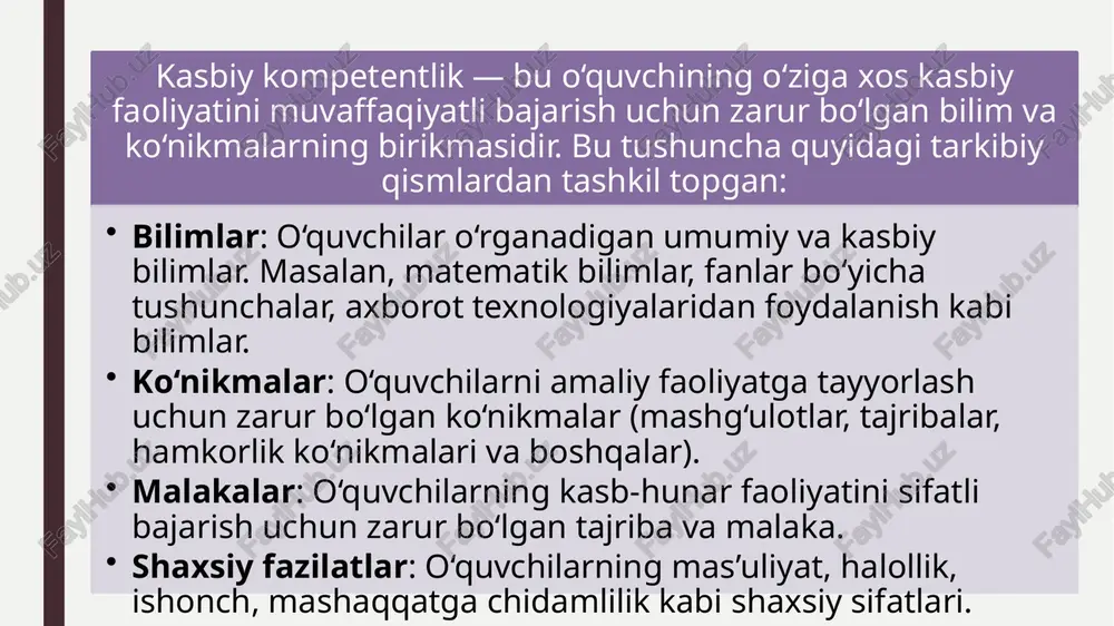 iy ustozlar bilan uchrashuvlar: o‘quvchilarni o‘z kasblarini tanlashda yordam beradigan mutaxassislar bilan uchrashuvlar tashkil etish mumkin. bu uchrashuvlar o‘quvchilarga o‘zlarining qiziqishlariga mos kasbni tanlashda motivatsiya beradi. kasbiy ustozlar o‘zlarining ishlarini qanday bajarayotganlari, qaysi ko‘nikmalarni o‘rganganliklari haqida gapirib berishlari mumkin. xulosa boshlang‘ich sinf o‘quvchisining kasbiy kompetentligini rivojlantirishning samarali yo‘llari o‘quvchilarga kasbiy bilim va ko‘nikmalarni amaliy tarzda o‘rgatishga, ular bilan kasb-hunarlar haqidagi tasavvurlarini yanada chuqurlashtirishga yordam beradi. darslarda kasb-hunarlarni integratsiyalash, amaliy mashg‘ulotlar, ekskursiyalar, o‘yinlar va simulyatsiyalar, shuningdek o‘qituvchining roli bu jarayonning muhim omillari hisoblanadi. image1.jpeg image2.jpeg image3.jpeg /docprops/thumbnail.jpeg boshlangiich sinf o'quychining kasbiy kompetentligi